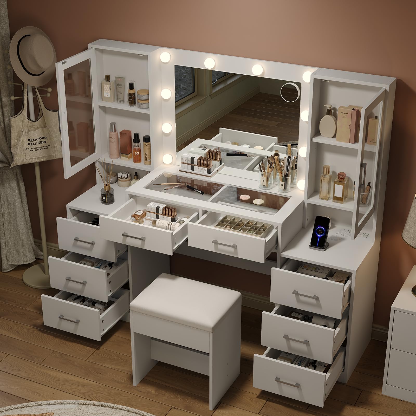 Yanosaku 59'' W Large Makeup Vanity Desk with Mirror and Lights, White Vanity with Power Outlet, 8 Drawers & 2 Cabinets, 3 Lighting Modes Brightness Adjustable, Glass Top Vanity with Chair for Bedroom