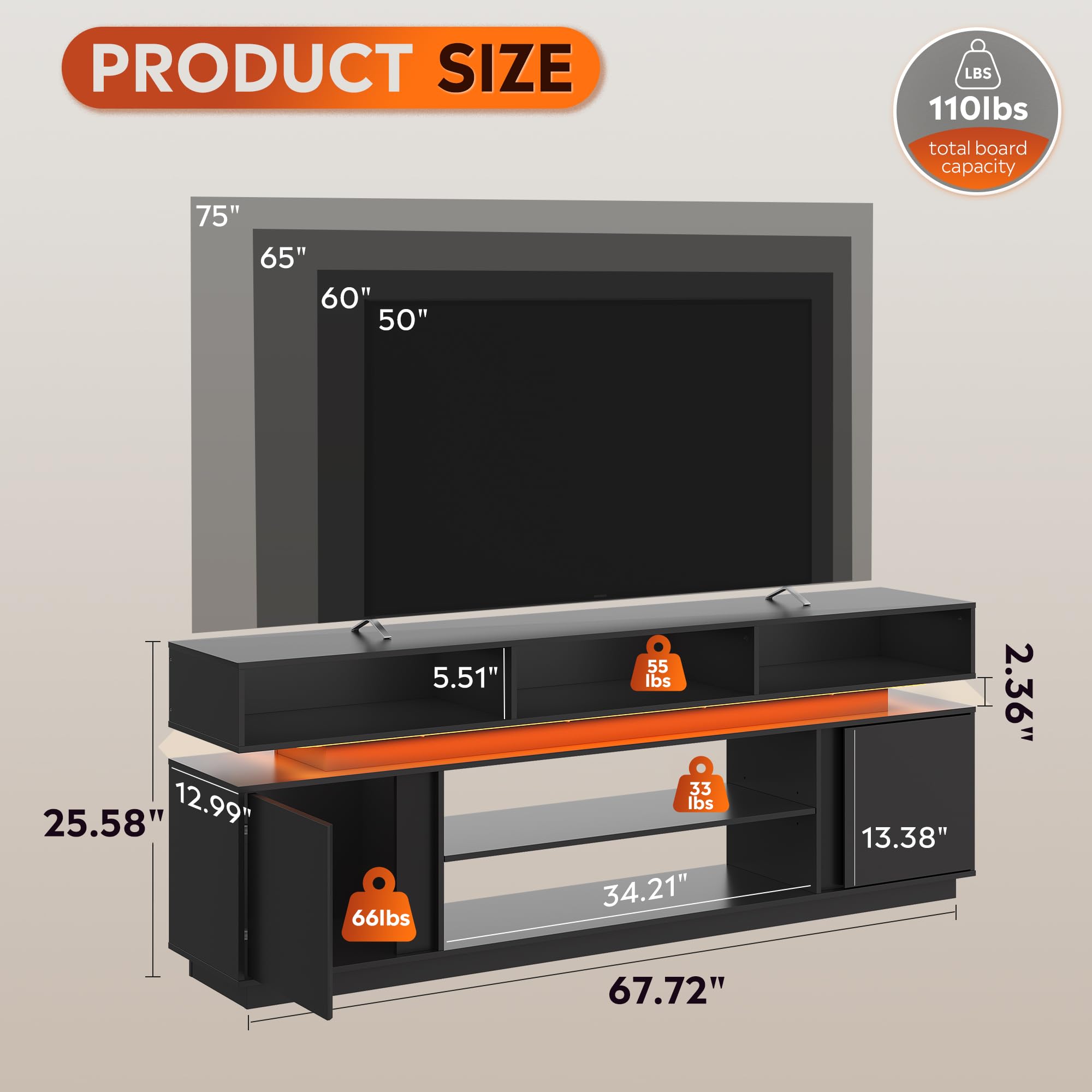 68" TV Stand with LED Lights & Storage Cabinets