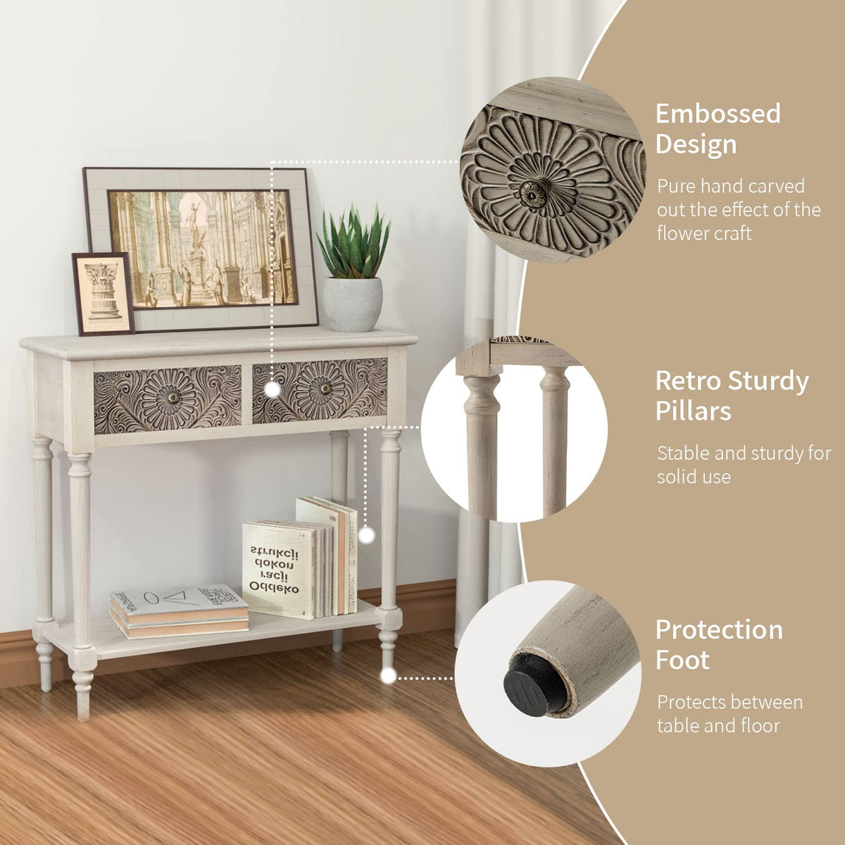 SUNBURY 31.5" Vintage Entryway Console Table, 2 Drawers, Beige