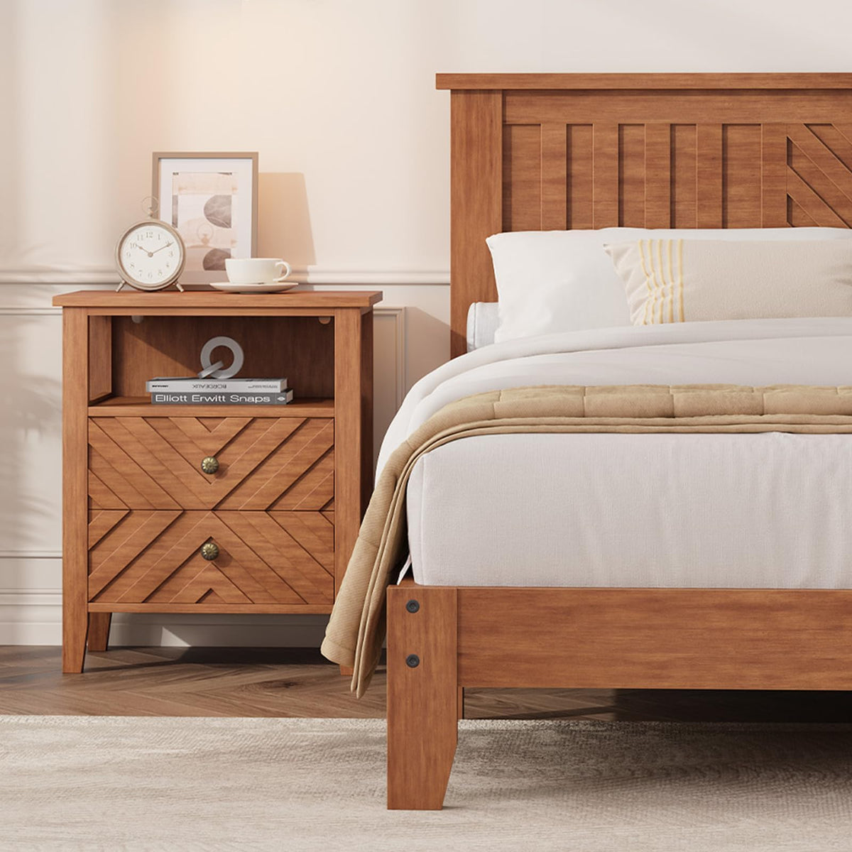 Garvee Wooden Queen Platform Bed Frame with V-Pattern Headboard, Noise-Free Slat Support, No Box Spring Needed, Easy Assembly, 7.8" Under-Bed Storage Space, Light Brown