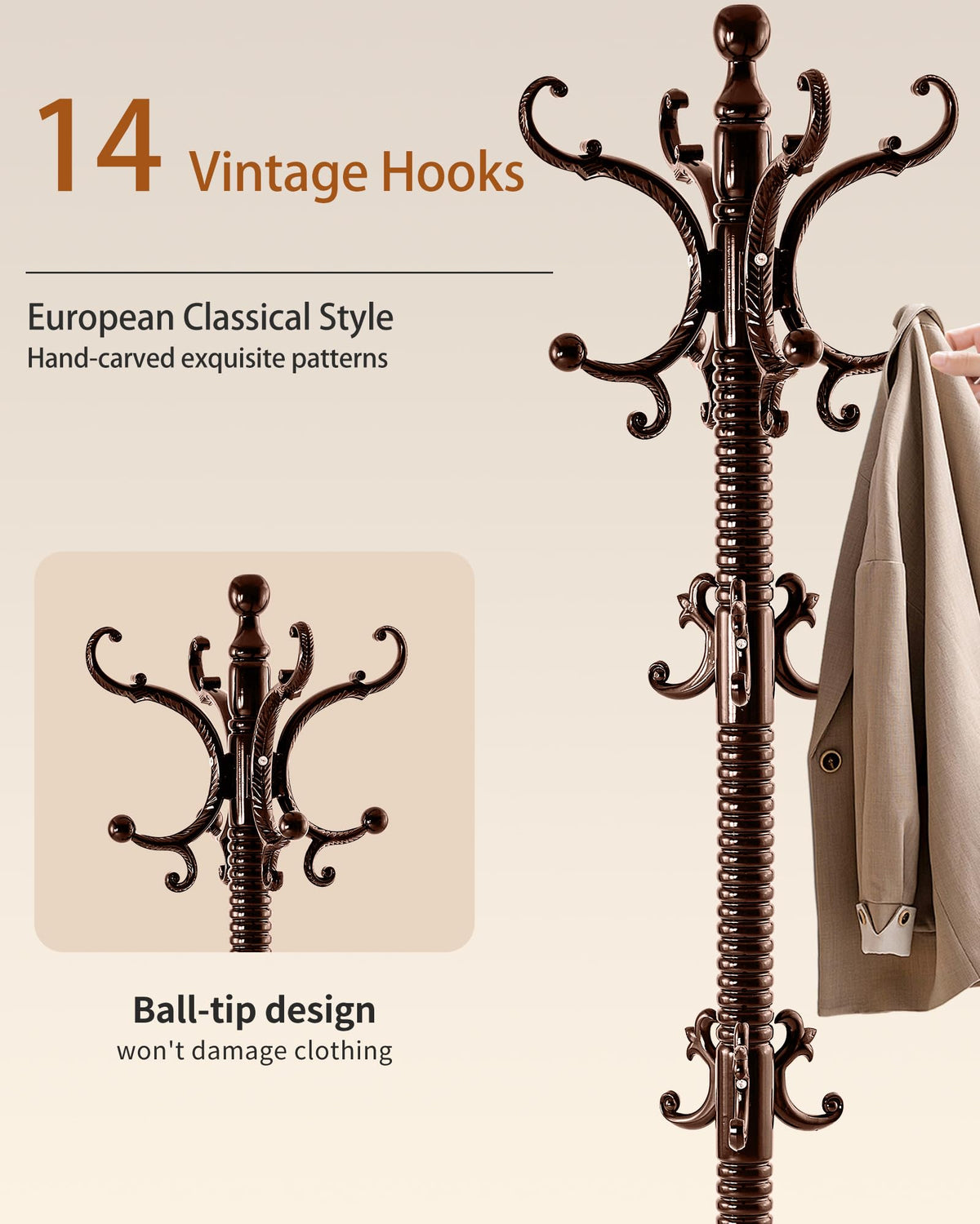 ZIECUKU Coat Rack Freestanding,Solid Wood Vintage Hall Tree with 14 Hooks