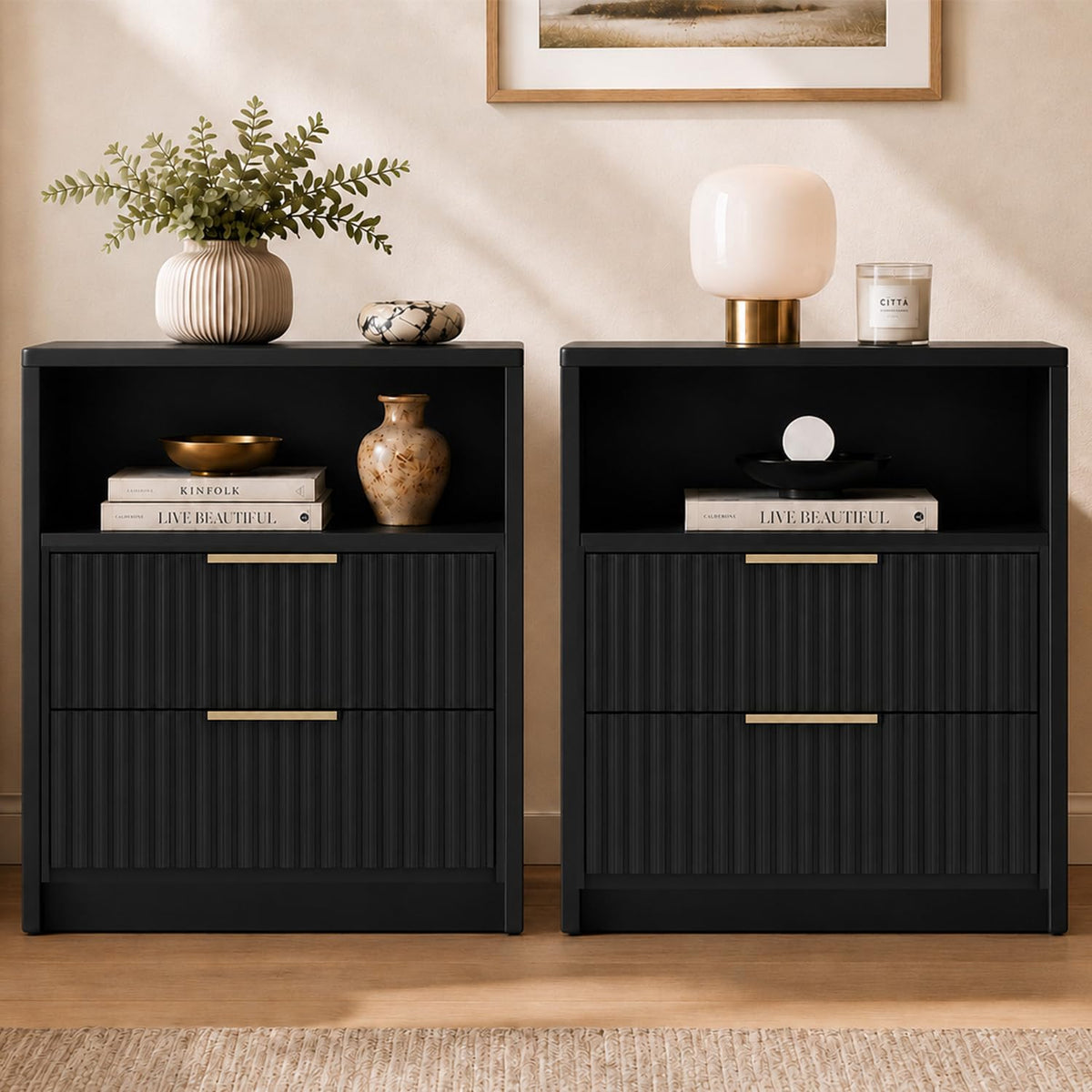 Black Fluted Nightstands Set of 2
