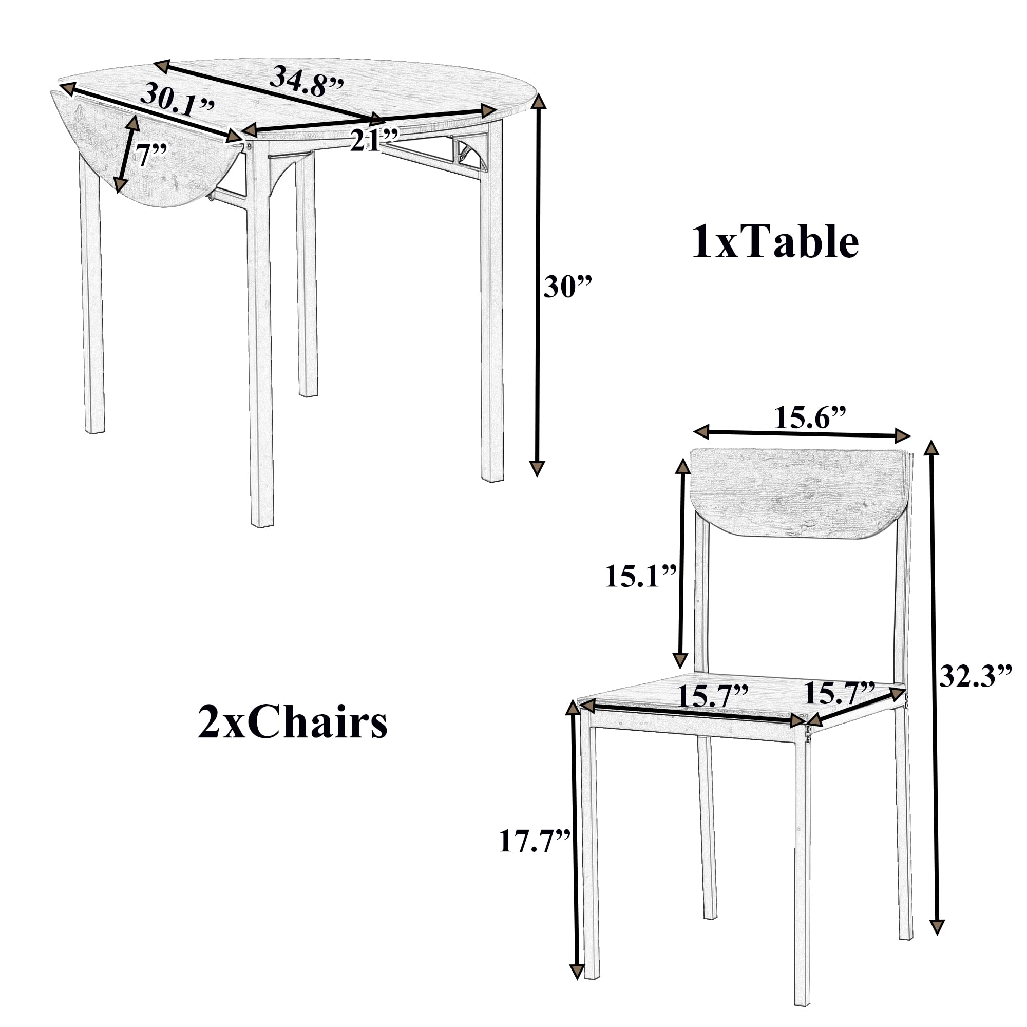 Merax 3-Piece Foldable Dining Table Set for 2 with Drop Leaf Tabletop and Two Chairs for Small Places, Kitchen, Living Room, Apartment, Rustic Brown