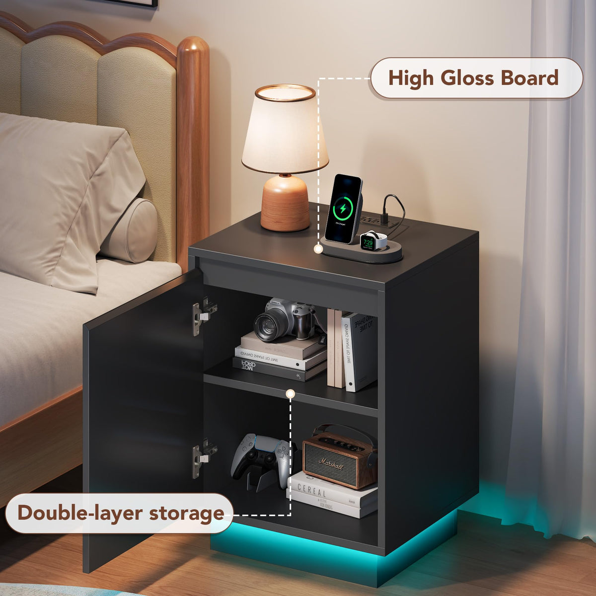 Black LED Nightstands Set of 2