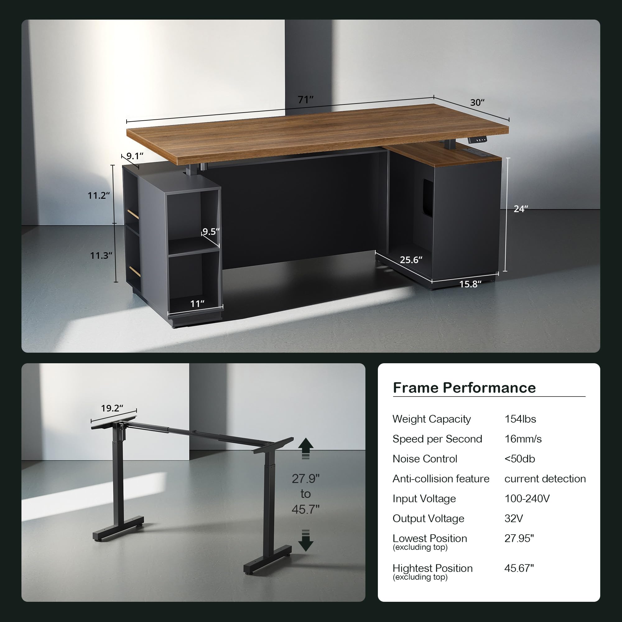 L-Shaped Electric Standing Desk with File Cabinets, 71"