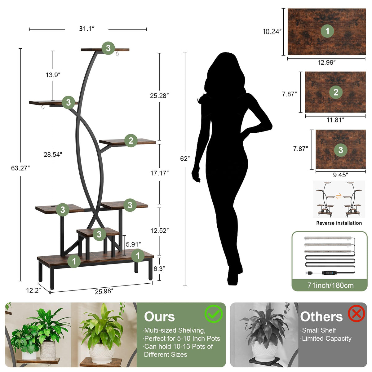JUSTOGO Plant Stand Indoor with Grow Lights - Tall Indoor Plant Shelf