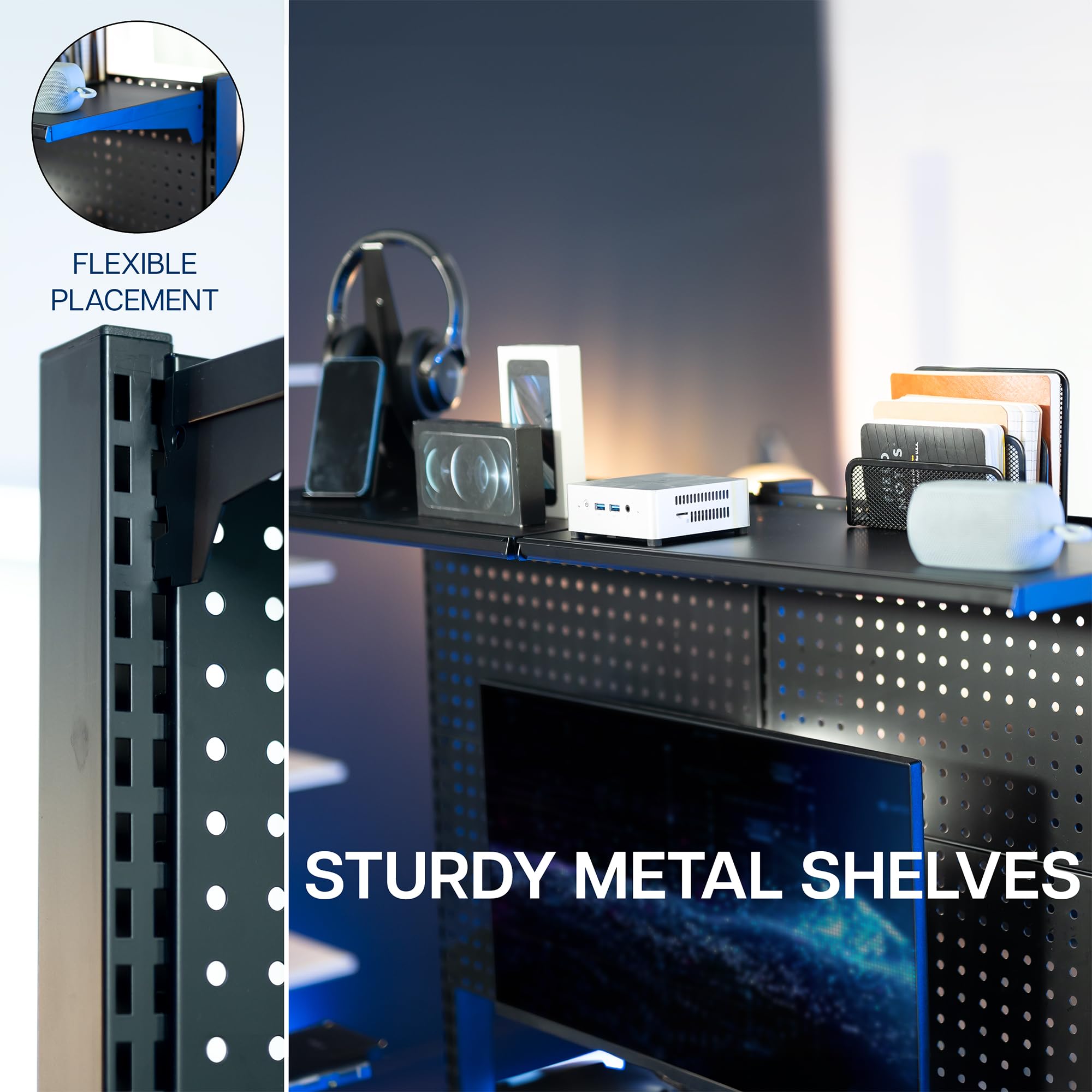 Desk Pegboard System with Dual Monitor Mounts & Storage Shelf