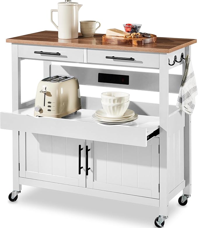 Rolling Kitchen Island Cart with Power Outlets