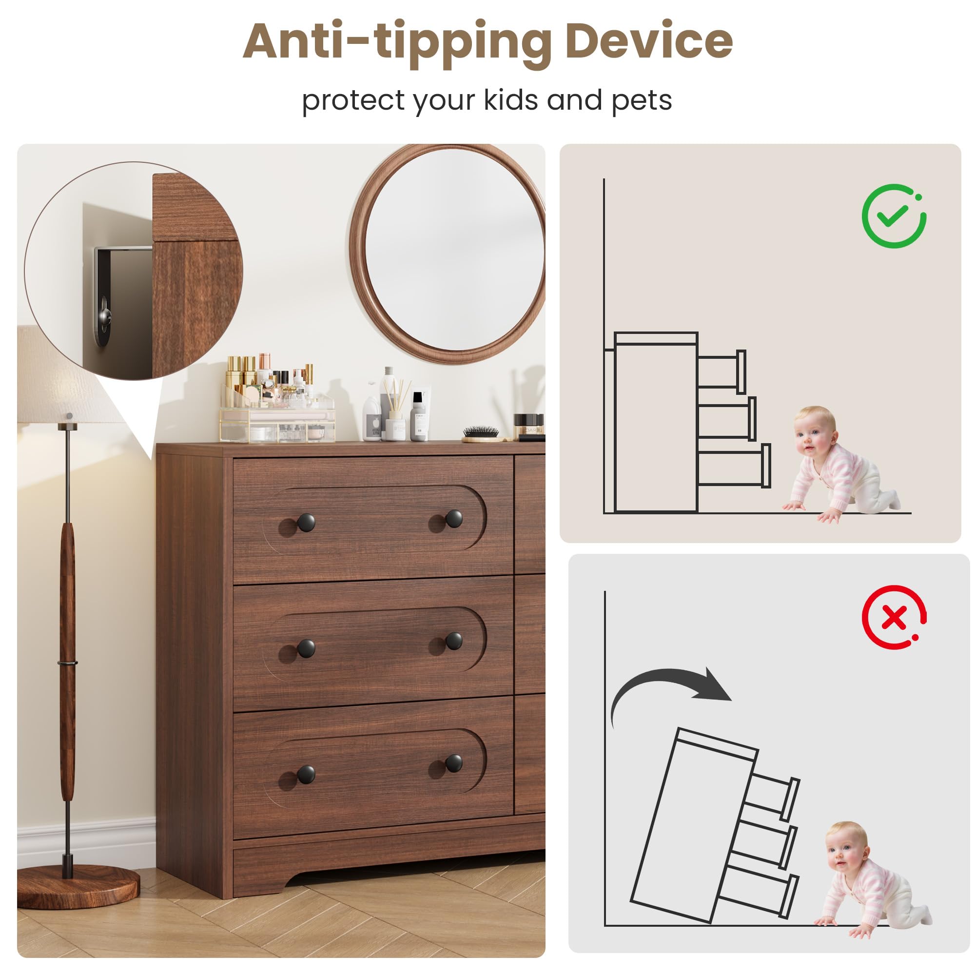 Garvee 6 Drawer Dresser for Bedroom, 47" Wide Large Dresser with Deep Drawers & Metal Knobs, Wooden Mid Century Modern Chest of Drawers for Living Room, Entryway, Hallway, Walnut
