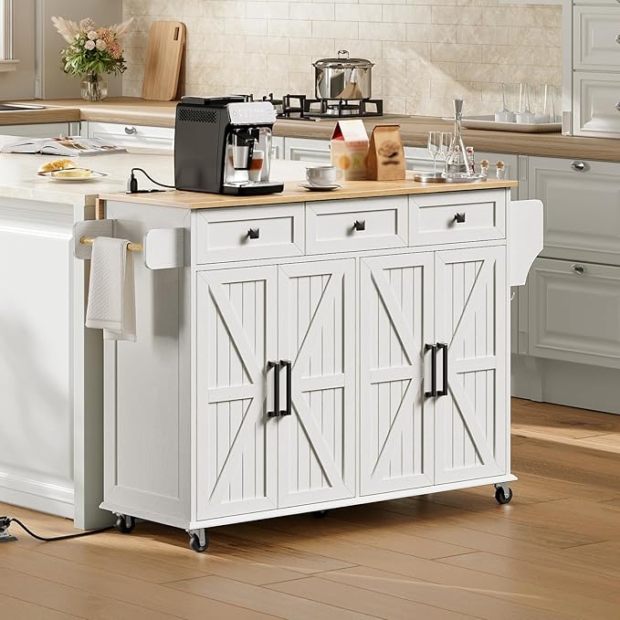 Kitchen Island Cart with Drop Leaf & Power Outlet