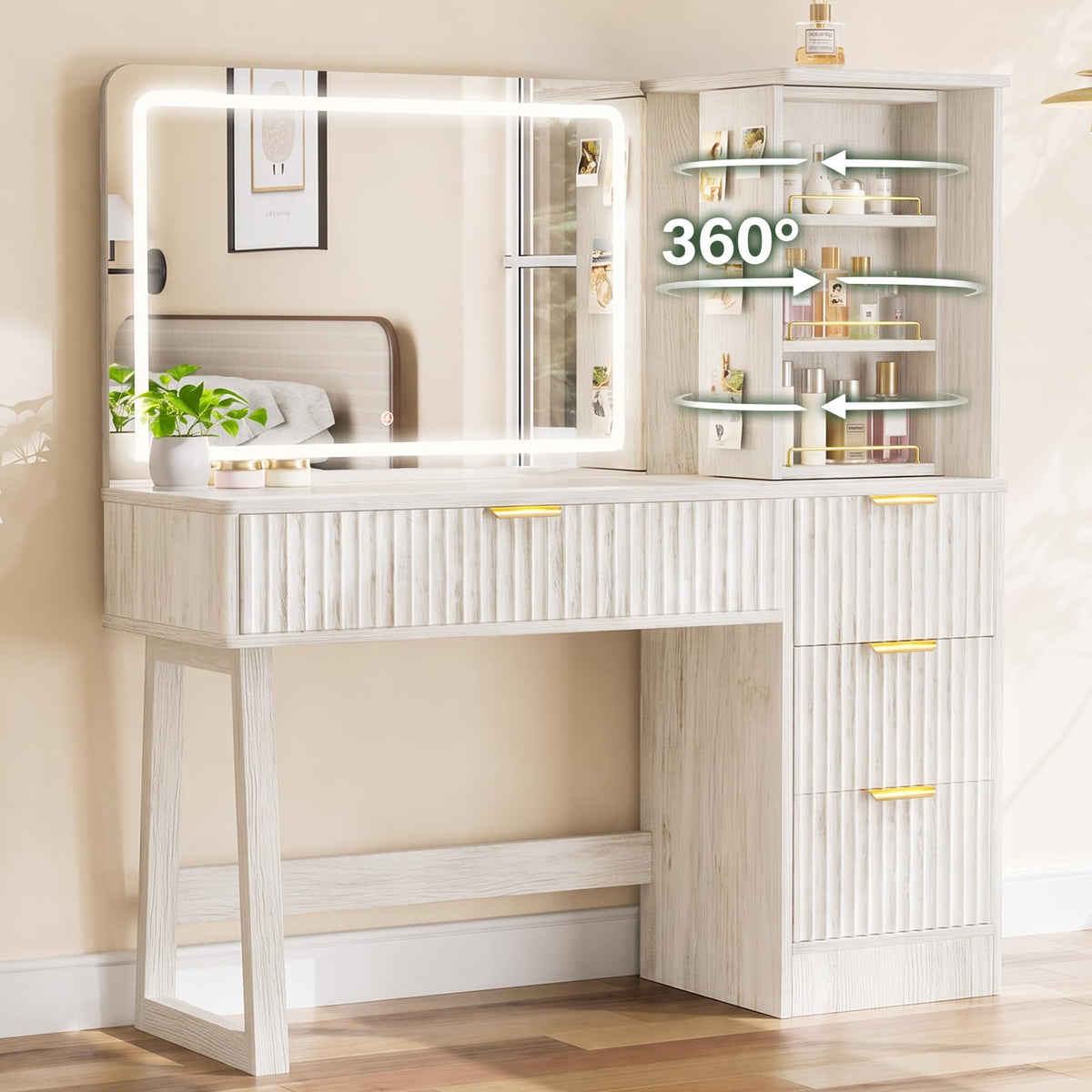 47" Makeup Vanity Desk with LED light and mirror, Retro white vanity table