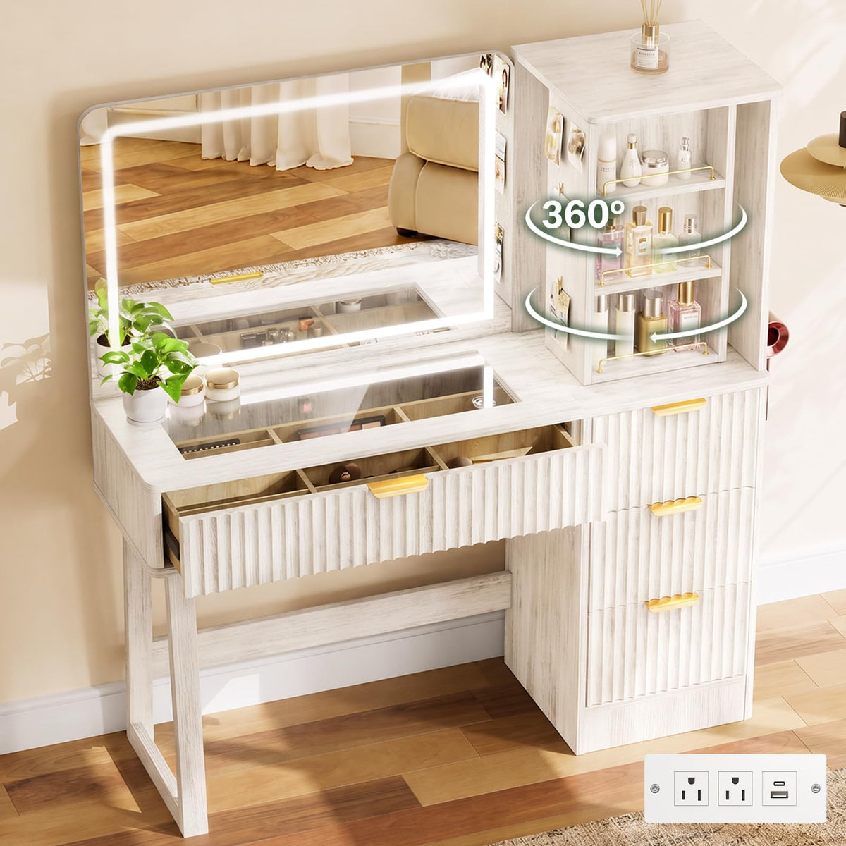 47" Makeup Vanity Desk with LED light and mirror, Retro white vanity table