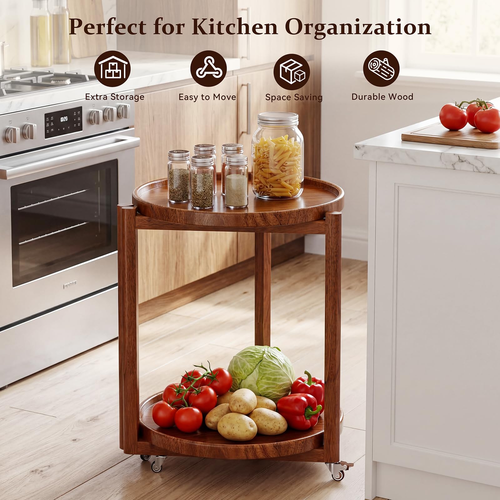 Round Rolling Side Table with Storage Shelf