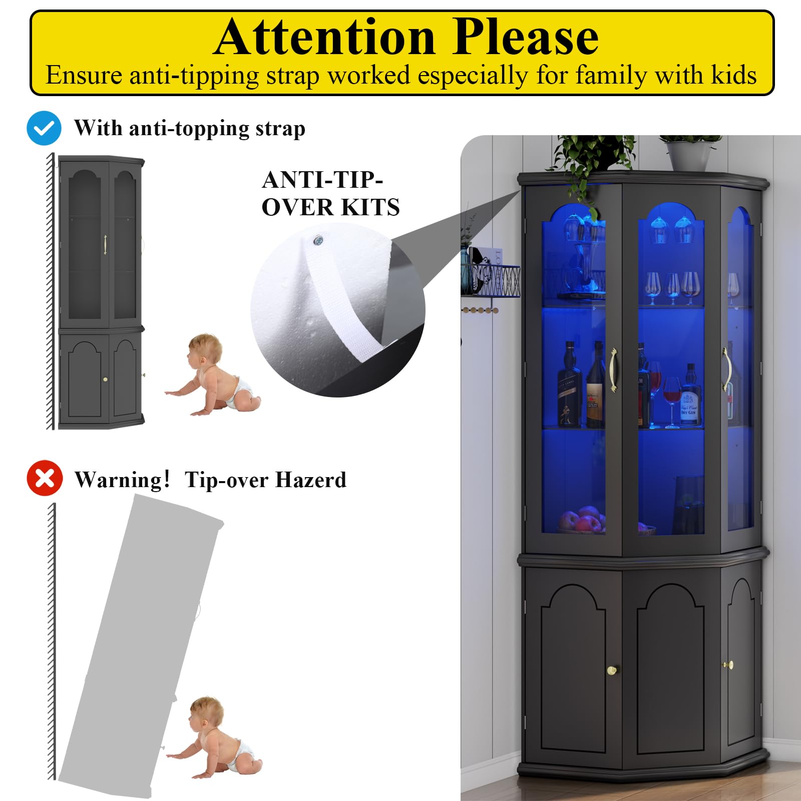 Corner Bar Cabinet with LED Lights & Tempered Glass Door