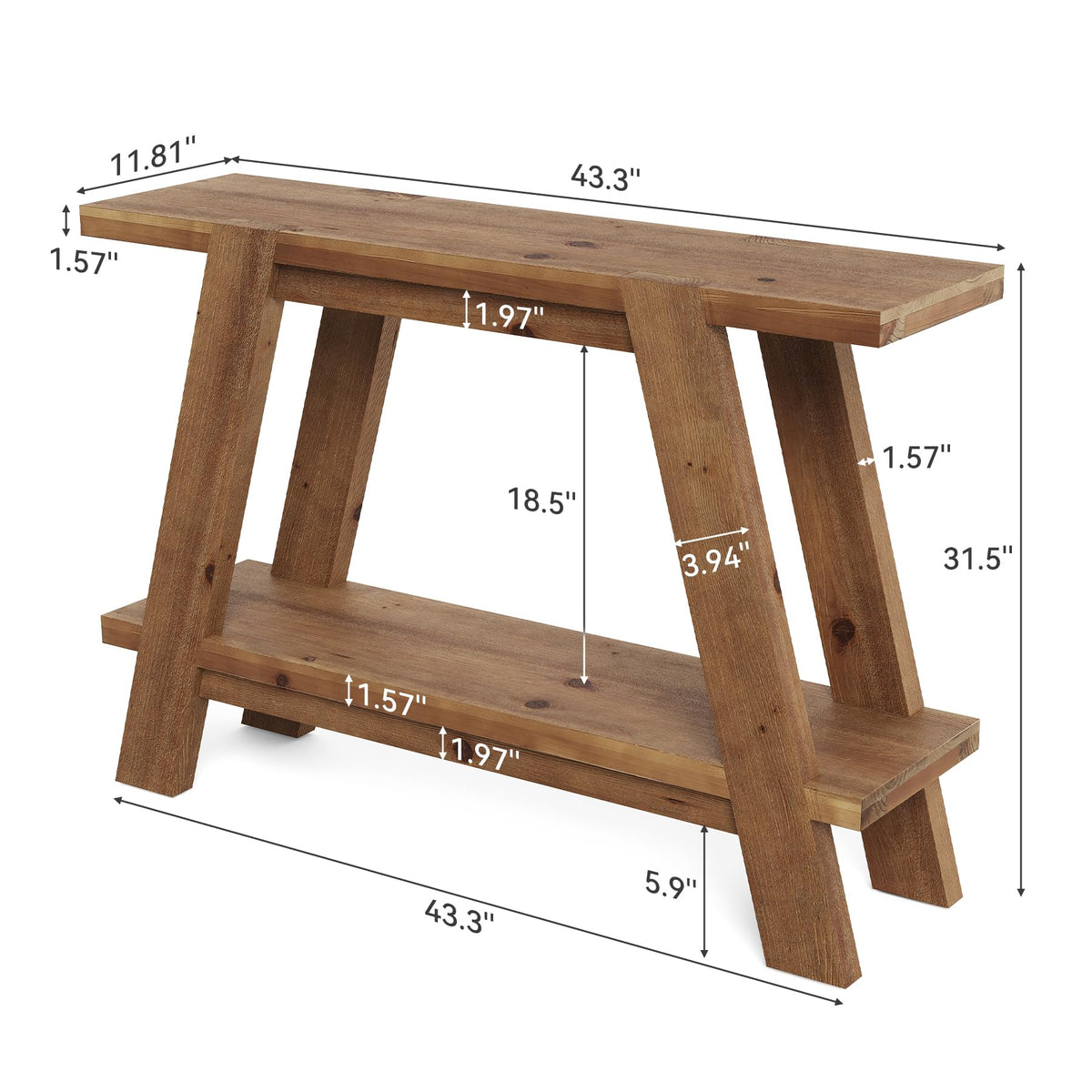 TRIBEWOOD 43.3" Solid Wood Entryway Table, 2-Tier Farmhouse Console Table with Storage, Narrow Sofa Table Behind Couch for Living Room, Hallway, Foyer, Brown