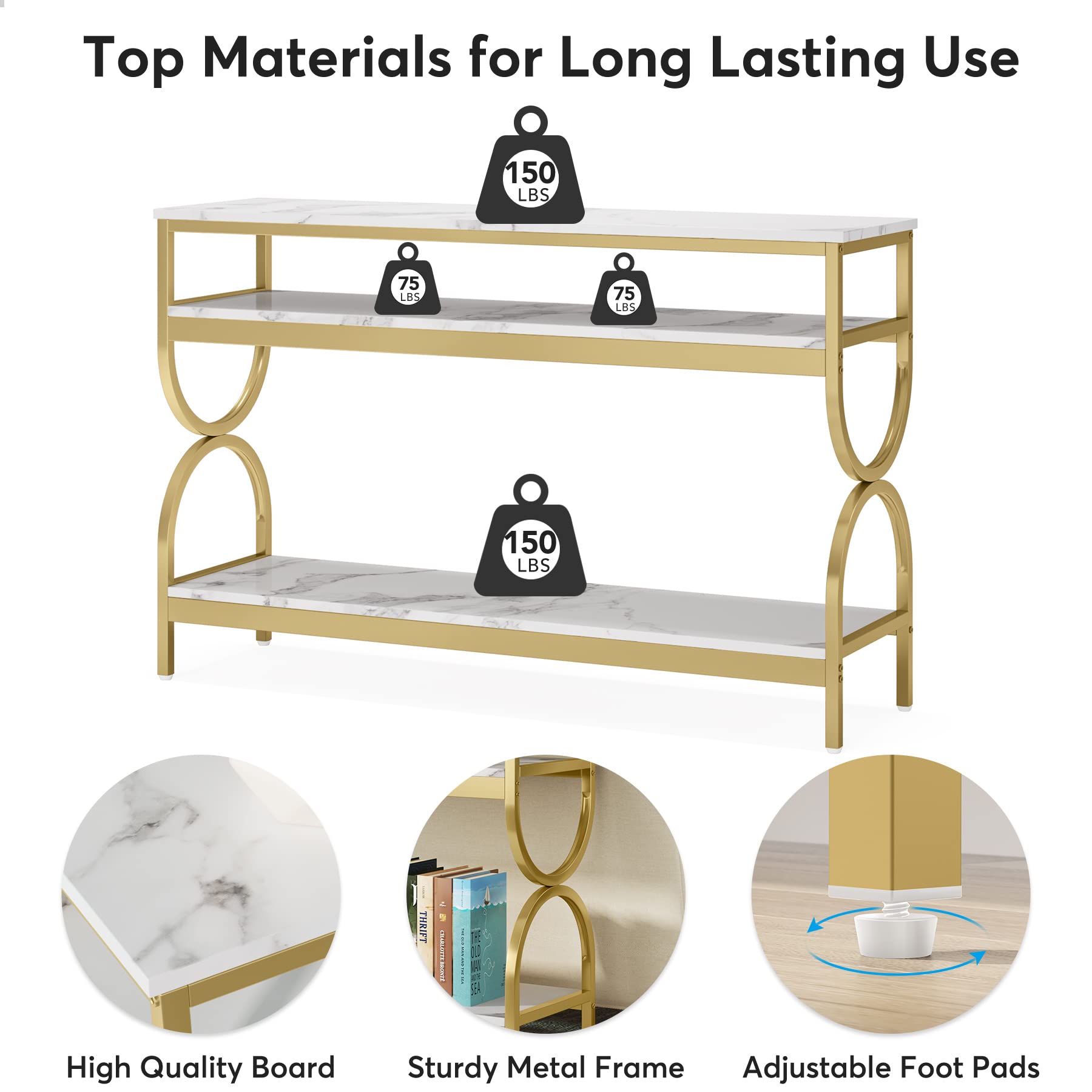 Tribesigns 3-Tier Console Table, 55 inch Sofa Table with Open Storage Shelves, Narrow Long Hallway/Entryway Table with Faux Marble Top for Home Living Room Entryway, White & Gold