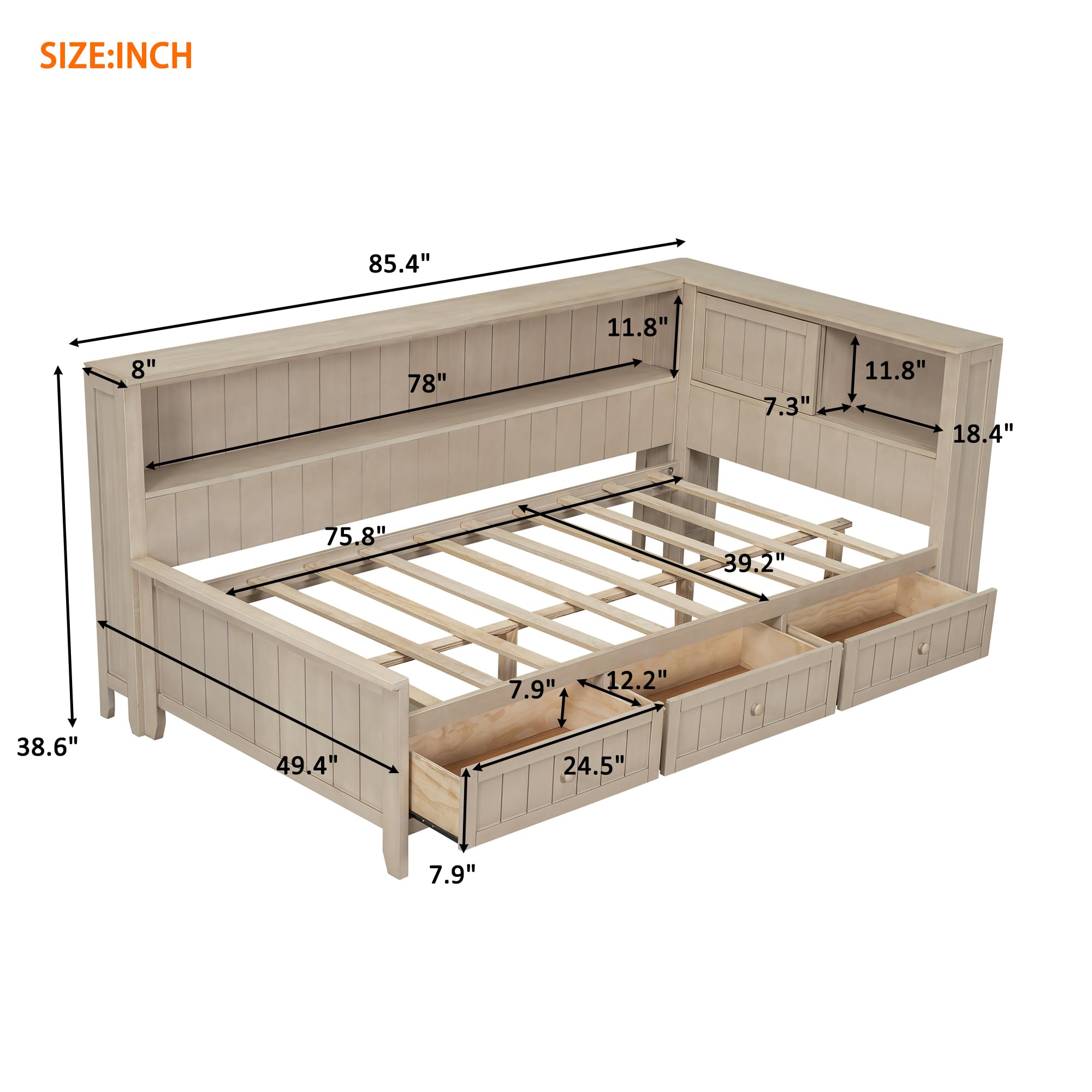 Zeephrog Twin Size Wood Daybed with Trundle and Storage Shelves, Antique White Daybed Frame with Drawers – No Box Spring Needed