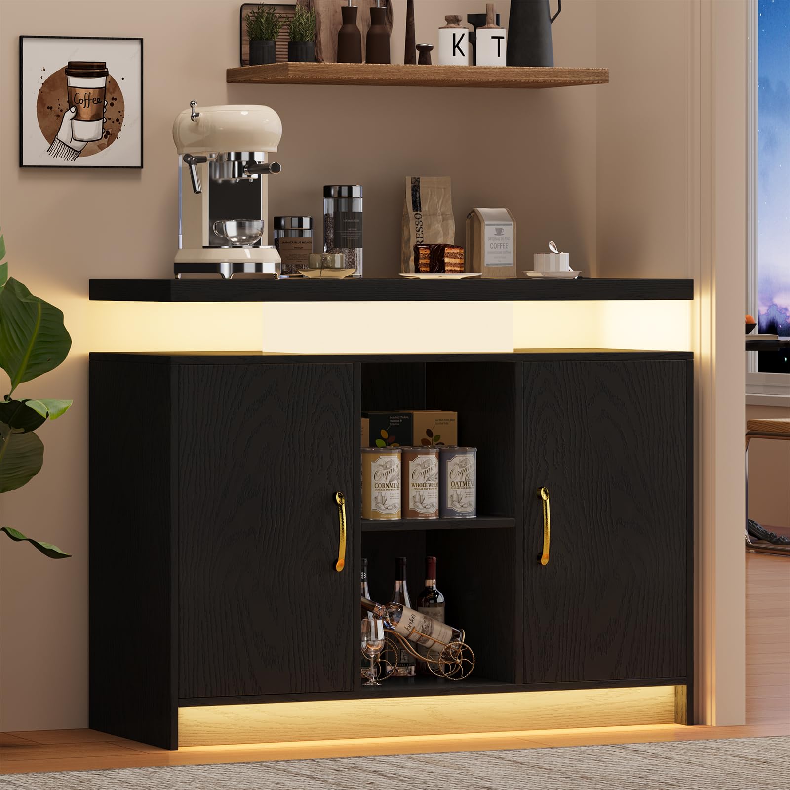 4 EVER WINNER Coffee Bar Cabinet with LED, Sideboard Buffet Cabinet with Storage, Coffee Station Cabinet with Charging Station, Black Coffee Bar for Kitchen, Dining Room