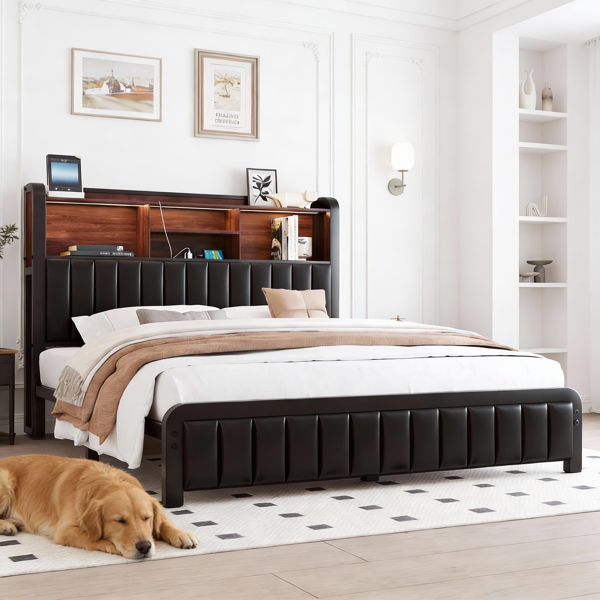 LoVinson Full Bed Frame with 3-Tier Storage Headboard & LED Lights, Upholstered PU Leather Platform Bed with Charging Station, Metal Slats, No Box Spring Needed, Black