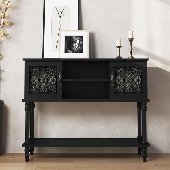 Vintage Console Table with Hand-Carved Doors