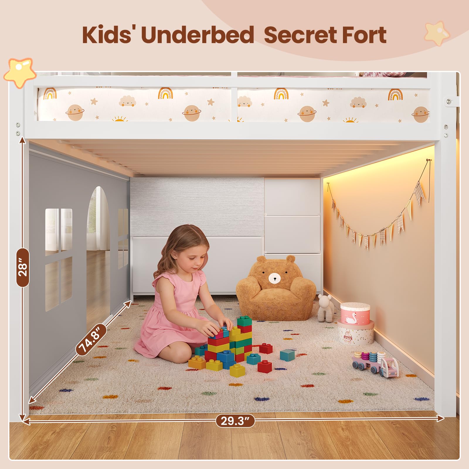 ADORNEVE Low Loft Bed Twin Size with Tent, 5 Storage Drawers, LED Lights, Metal Kids Loft Bed with Bookcase & Under-Bed Play Space,Twin Loft Beds with 13.8''H Safety Guardrail,Inclined Ladder, White