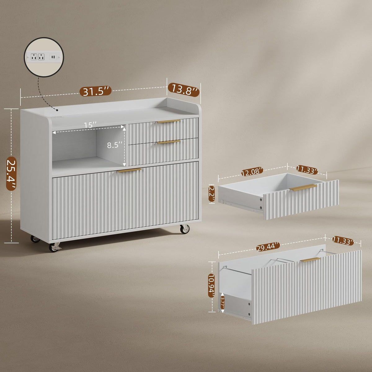 3-Drawer File Cabinet with Charging Station