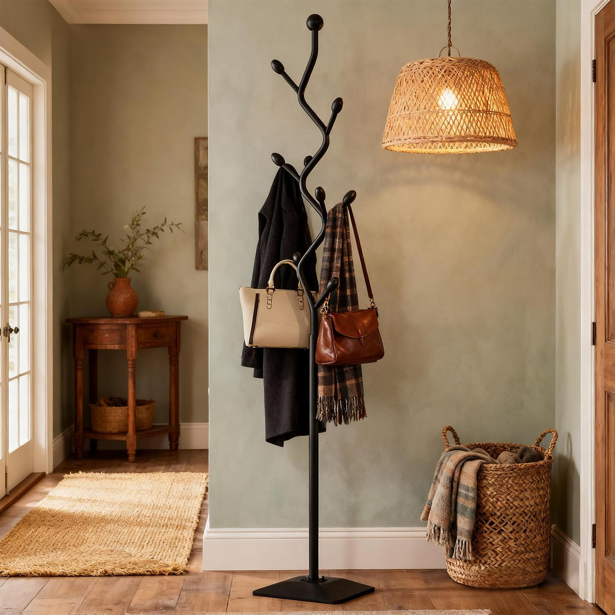 BUZUEY Coat Rack Freestanding Metal Tree Coat Rack Stand with Hooks, Modern Standing Hat Rack for Entryway Hallway Bedroom Office (black)