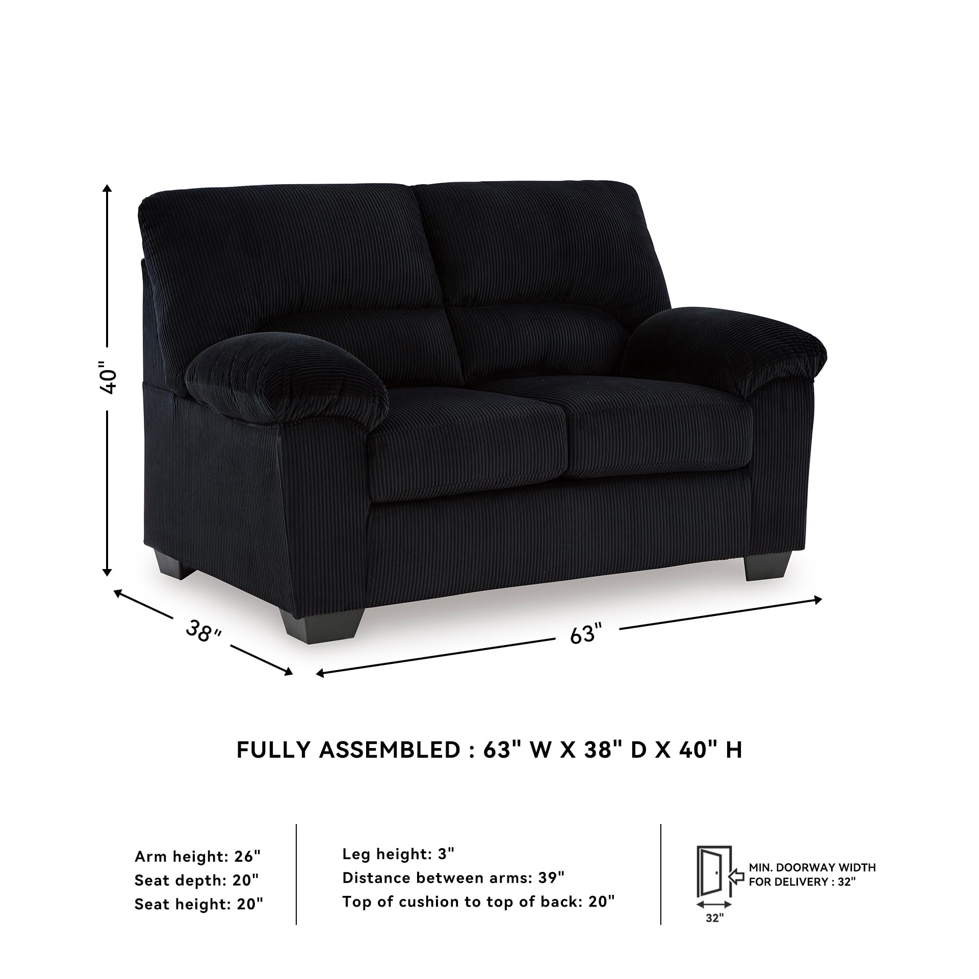 Signature Design by Ashley SimpleJoy Modern Loveseat for Living Room, Black