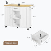 SUNLEI Island Table for Kitchen with Storage, Portable Kitchen Island Cart with Drop Leaf, Rolling Kitchen Island Table with Drawer, Cabinet & Towel Rack, Farmhouse Kitchen Island, White