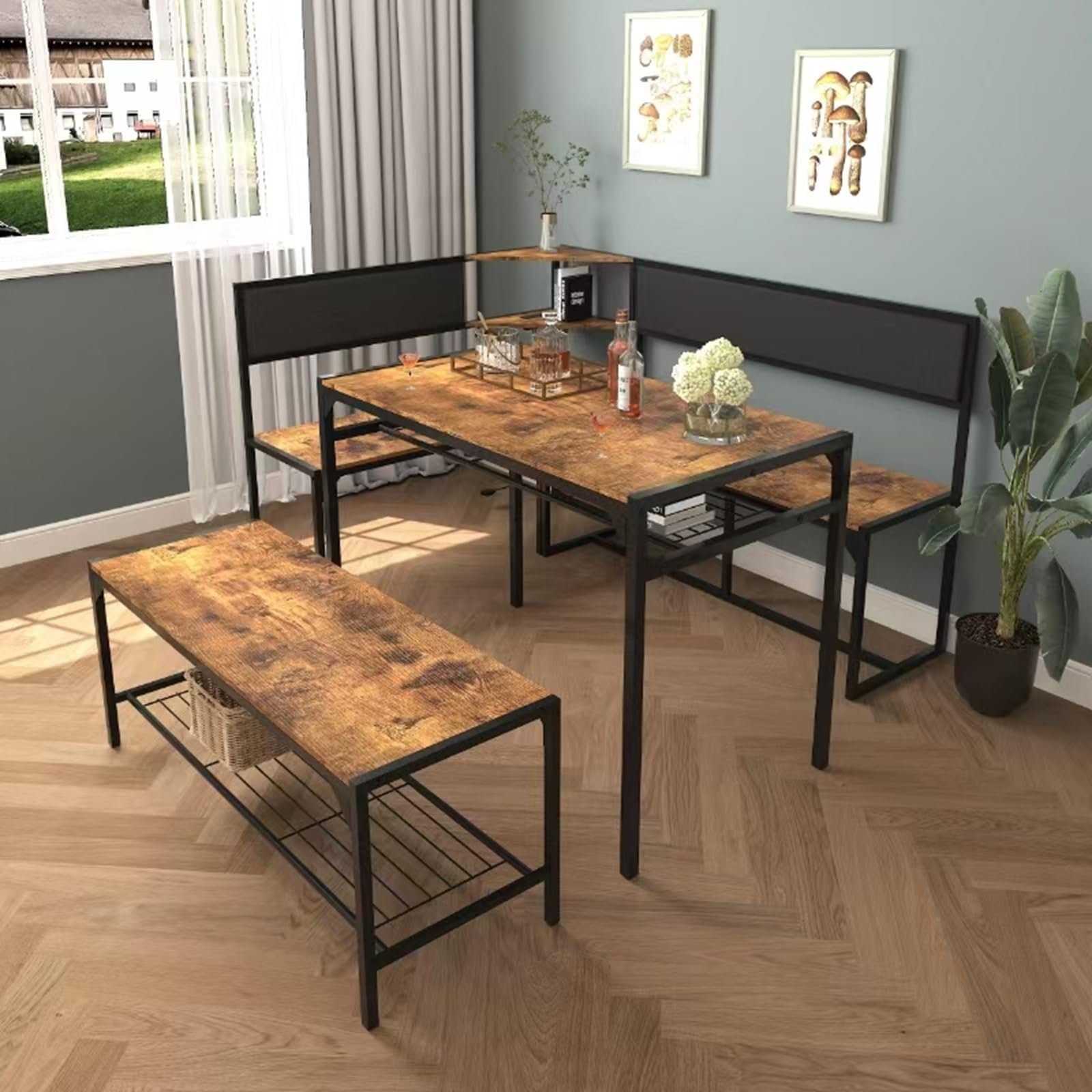 KEIKI 3-Piece Corner Dining Table Set for 4-6, Industrial Kitchen Table and Chair Sets with Storage & Bench, Farmhouse Rectangle Tables & L-shaped Seat for Living Room Breakfast Nook Restaurant, Brown