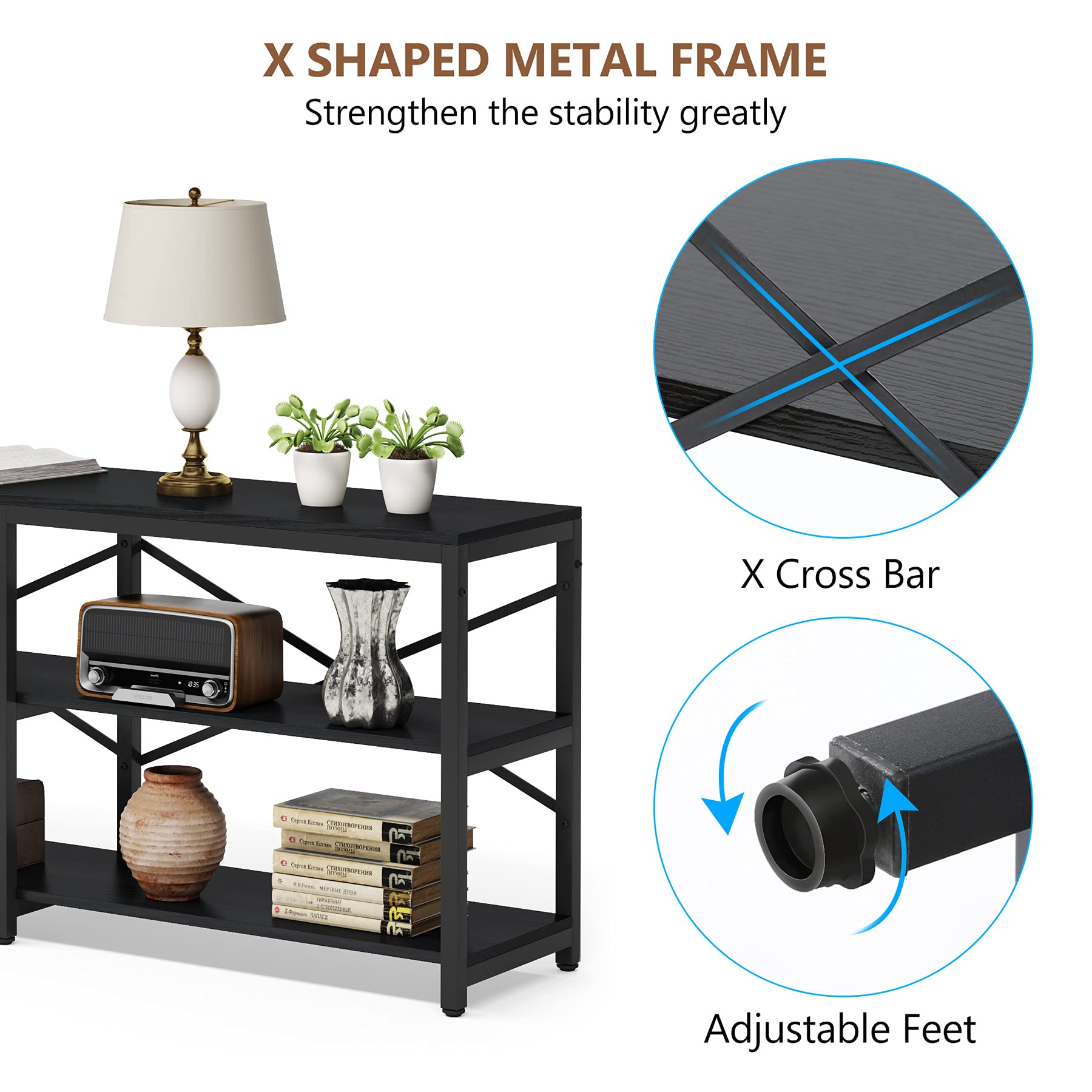 Tribesigns 70.9 Inch Extra Long Console Table, Modern Sofa Table Behind Couch Table with Storage Shelves, 3-Tier Industrial Hallway Entryway Table for Living Room, 3 Shelf Bookshelf(Black)
