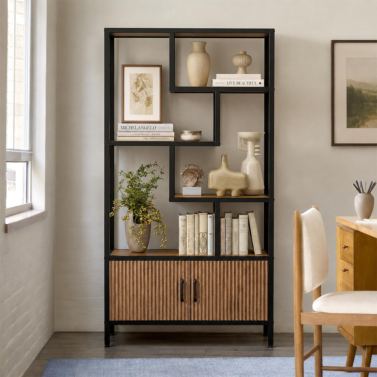 5-Tier Bookcase with Fluted Cabinet