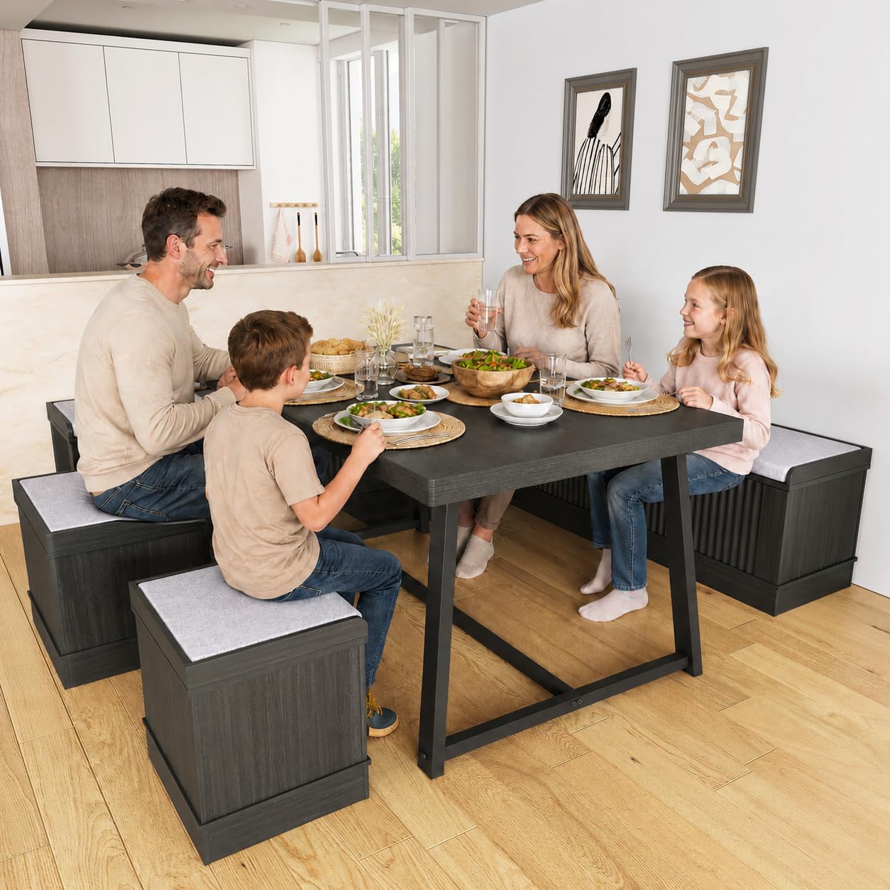 XIAO WEI Corner Dining Table Set, 6-Piece Breakfast Nook Dining Set with Storage Bench and Stools, 47" Banquette Seating for Small Space, Apartment Kitchen & Dining Room, Brown Wood