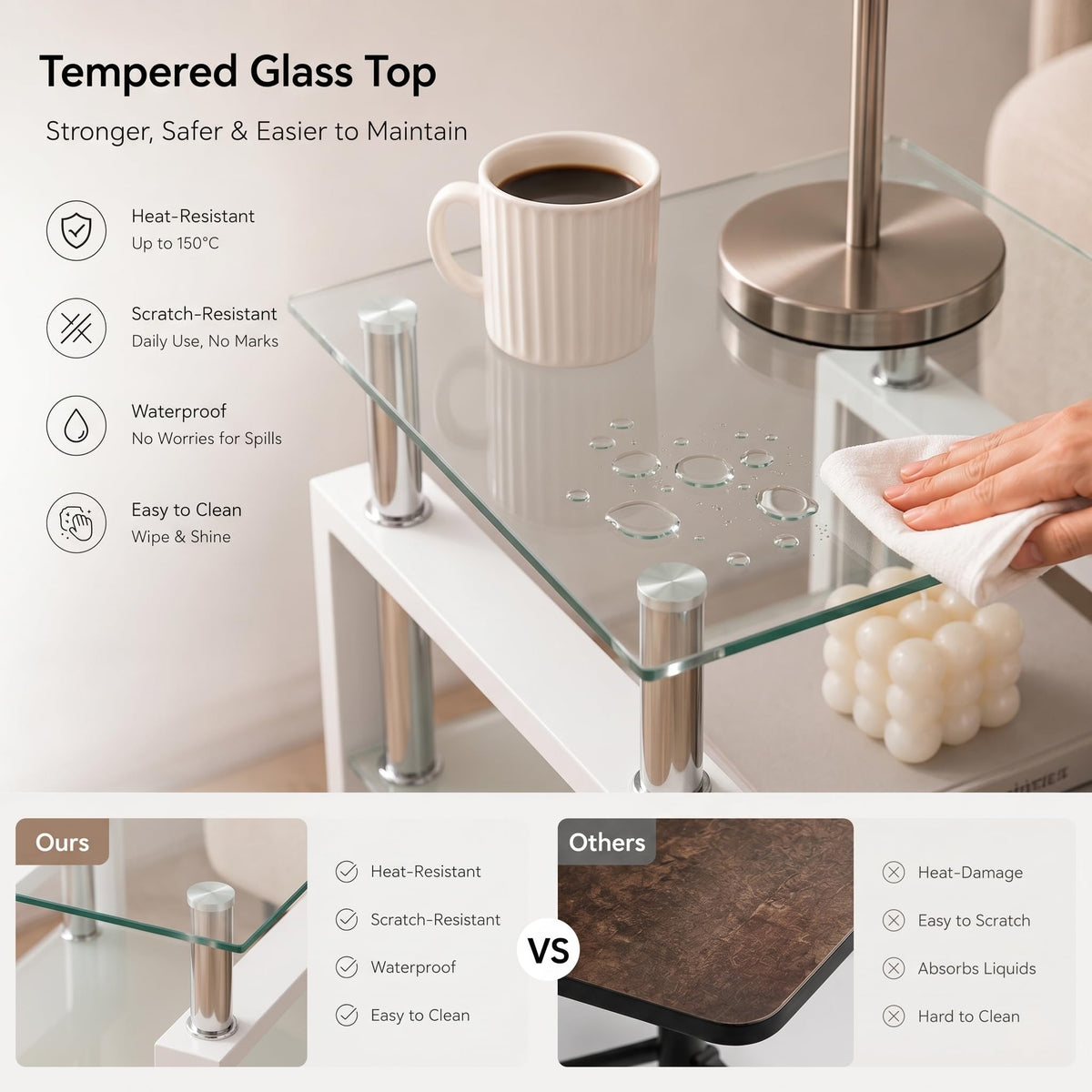 Meihua 3-Piece Coffee Table Set, Glass Coffee Table with 2 End Tables