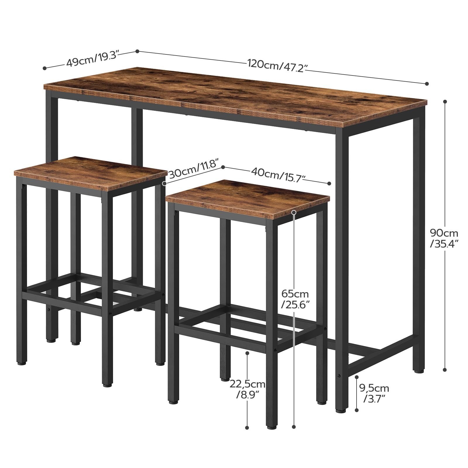 HOOBRO Bar Table and Chairs Set, 47.2” Rectangular Pub Table with 2 Stools for Small Space, High Top Table, 3-Piece Breakfast stools Set, Sturdy Metal Frame, Easy to Assemble, Rustic Brown BF52BT01