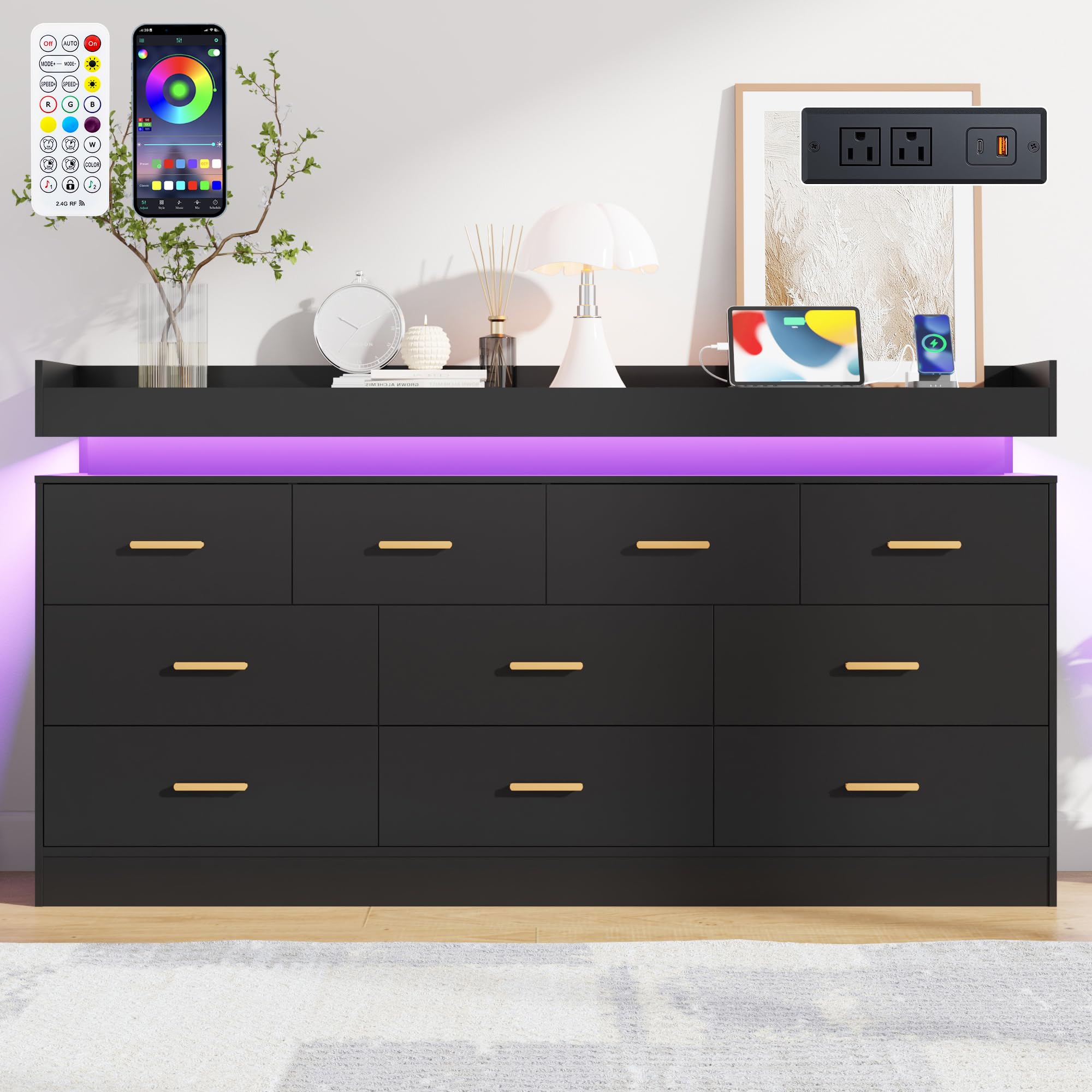 10-Drawer Dresser with Power Outlet & LED Light