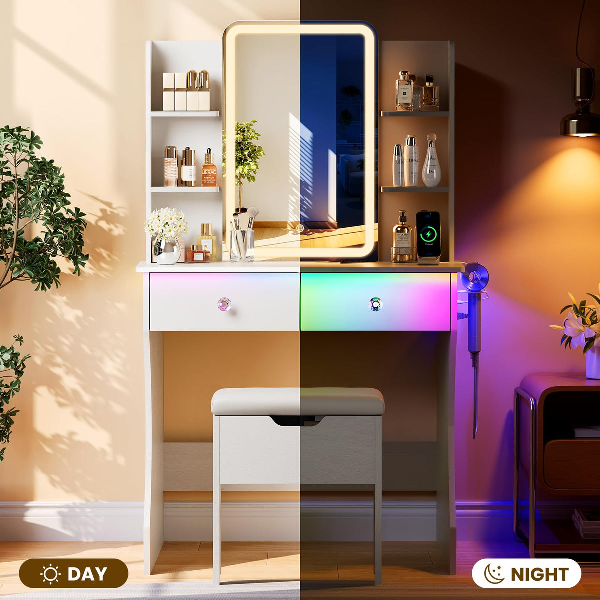 White LED Makeup Vanity with Storage Stool