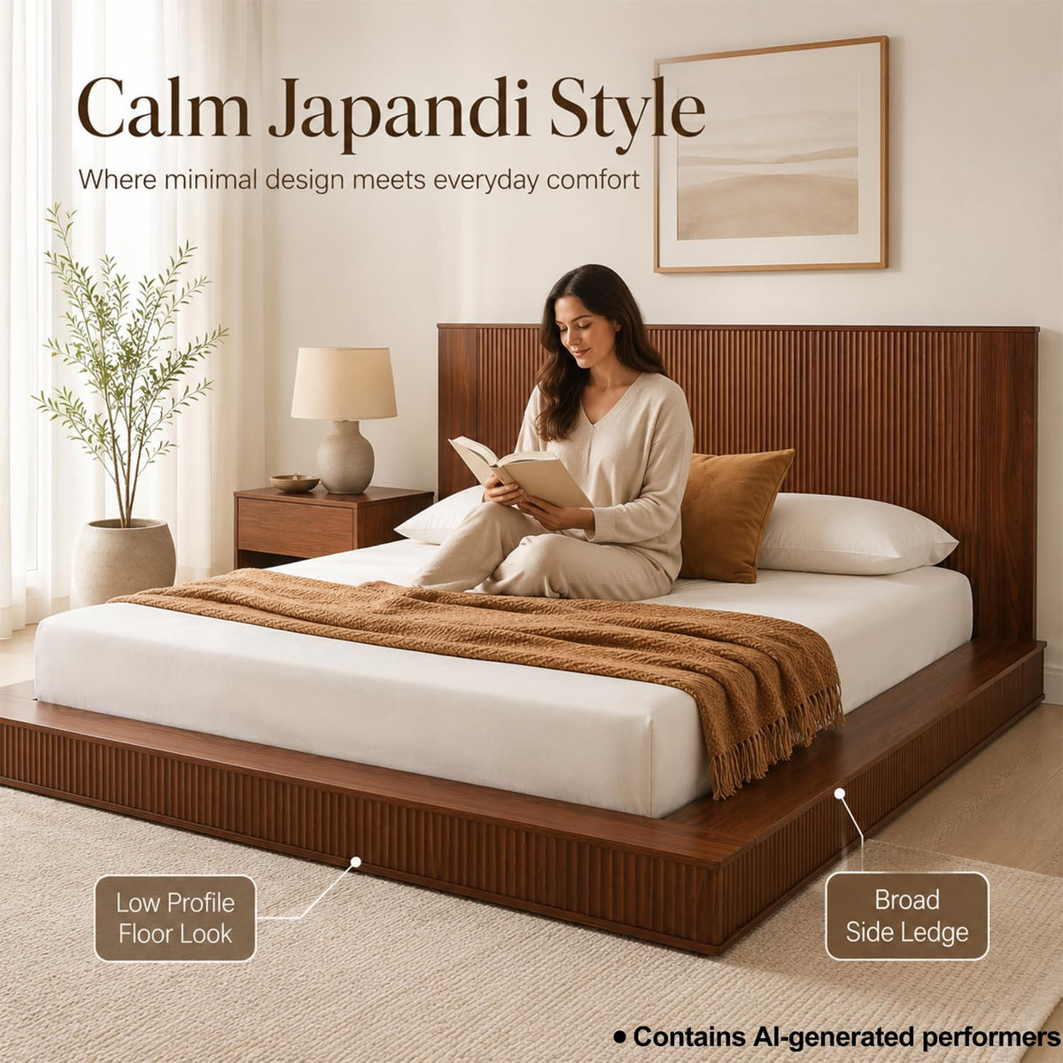Low Profile Queen Platform Bed Frame with Vertical Fluted Headboard (Queen)