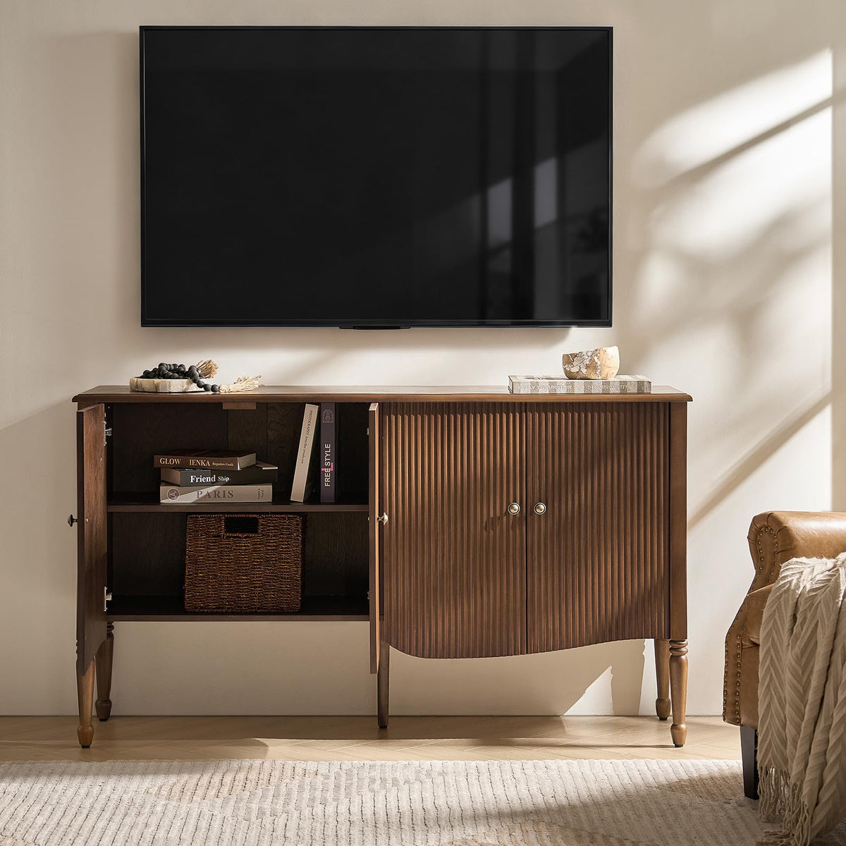 HULALA HOME 58" Fluted Sideboard Buffet Cabinet with Storage, Walnut