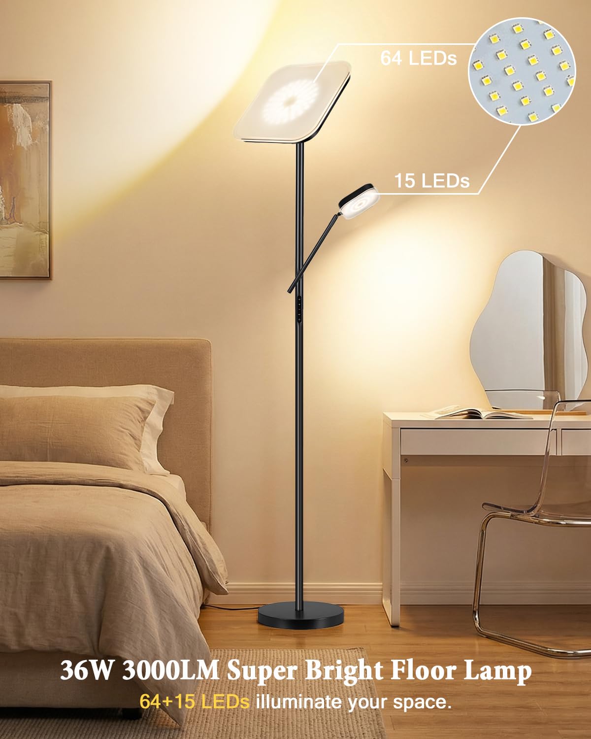 Floor Lamp, Upgraded 36W 3000LM Torchiere Super Bright LED Floor Lamp for Living Room, Stepless Dimmable Black Modern Standing Lamp with Remote & Touch Control, Tall Lamp for Bedroom, Office, Black