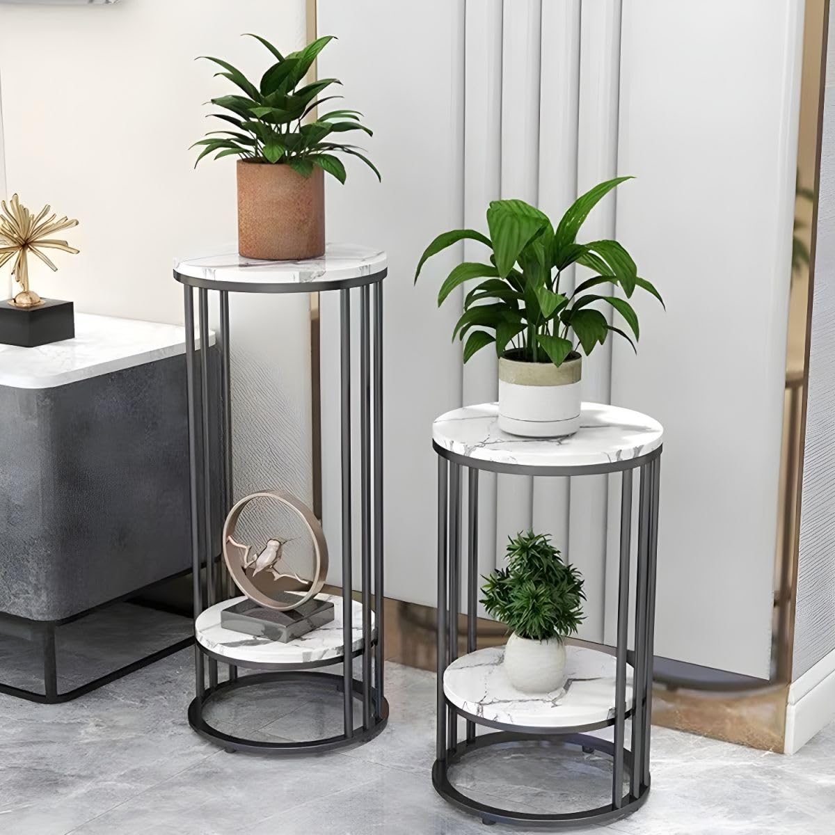 LAKIQ Round Plant Stand Stone Top Metal Frame Indoor Tall Plant Flower Shelf 2 Tiers Plant Table Plant Flower Holders for Corner Patio Garden Living Room Balcony(Black,12" L x 12" W x 27.5" H)