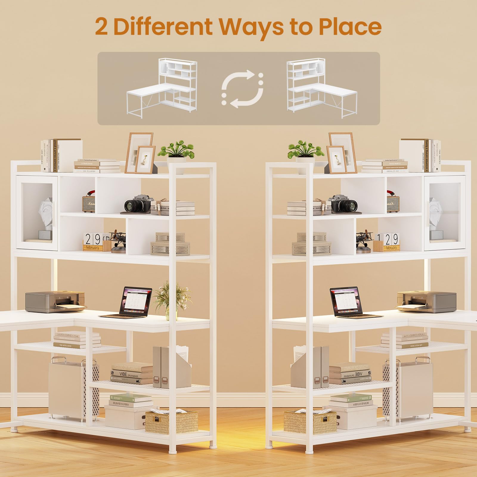 L-Shaped Desk with Bookshelf & LED Light Strips, 58"
