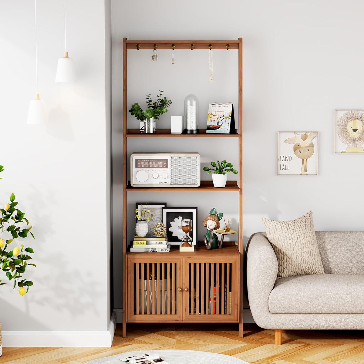 Bookcase with Drawers, Ladder Shelf 4-Tier Bamboo Bookshelf with 6 Hooks
