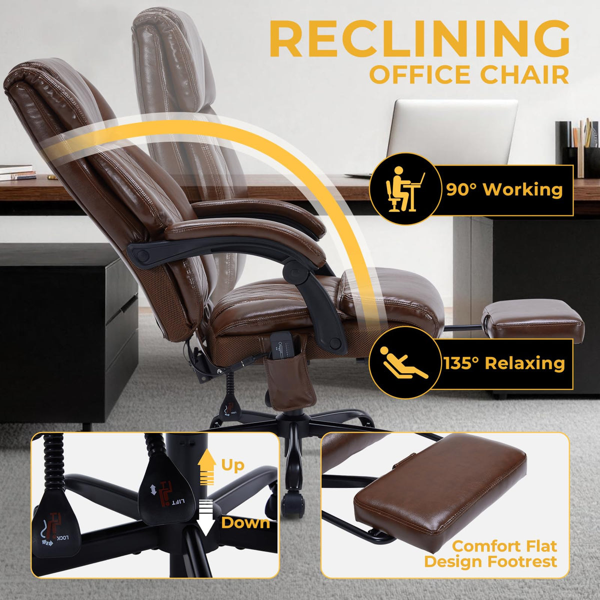 Massage Office Chair with Foot Rest and Heating, Executive Ergonomic Reclining Leather Office Chair, Big and Tall Desk Chair with Vibration Massager, Computer Gaming Chair for Home & Office Brown