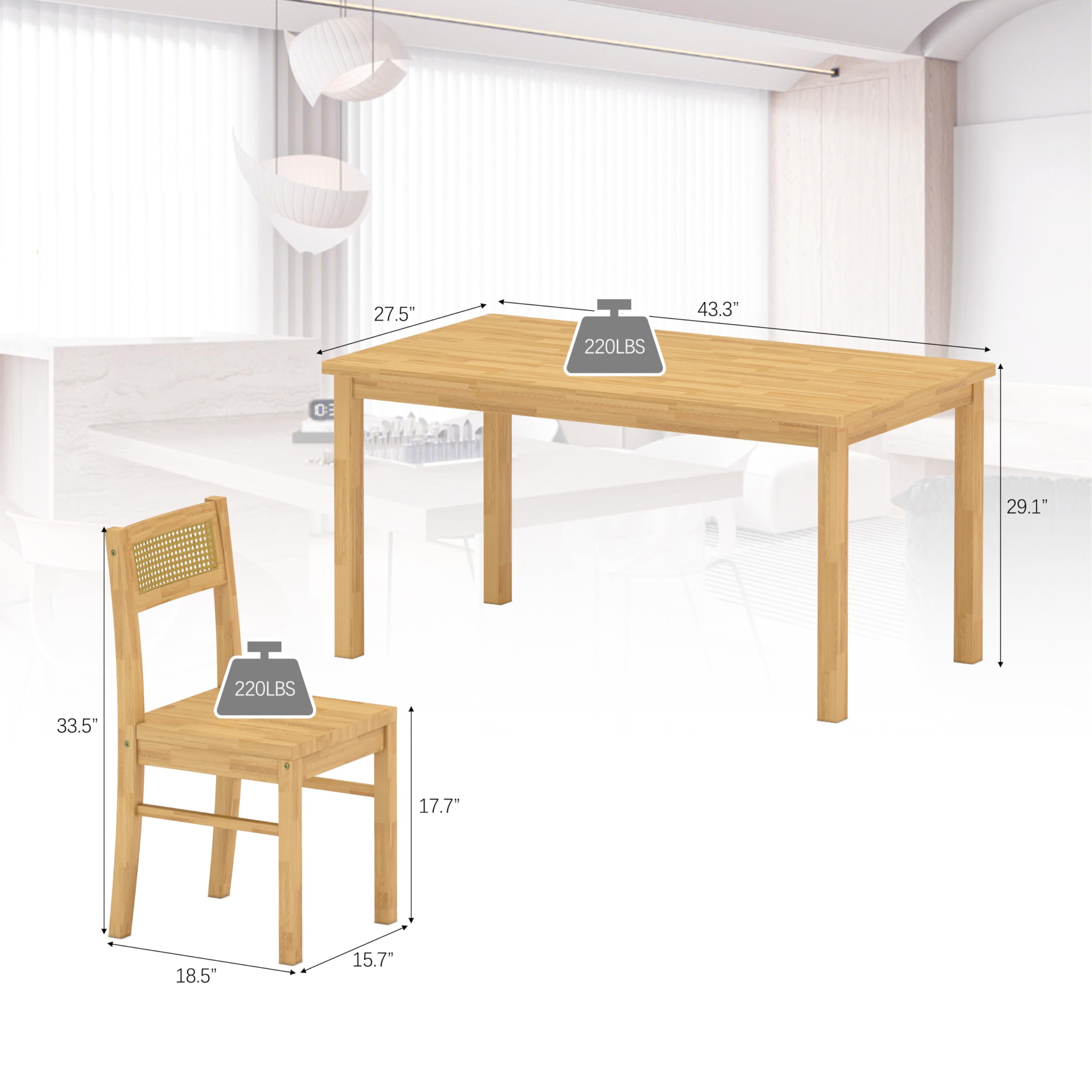 5-Piece Solid Wood Dining Table Set with Rattan Back Chairs