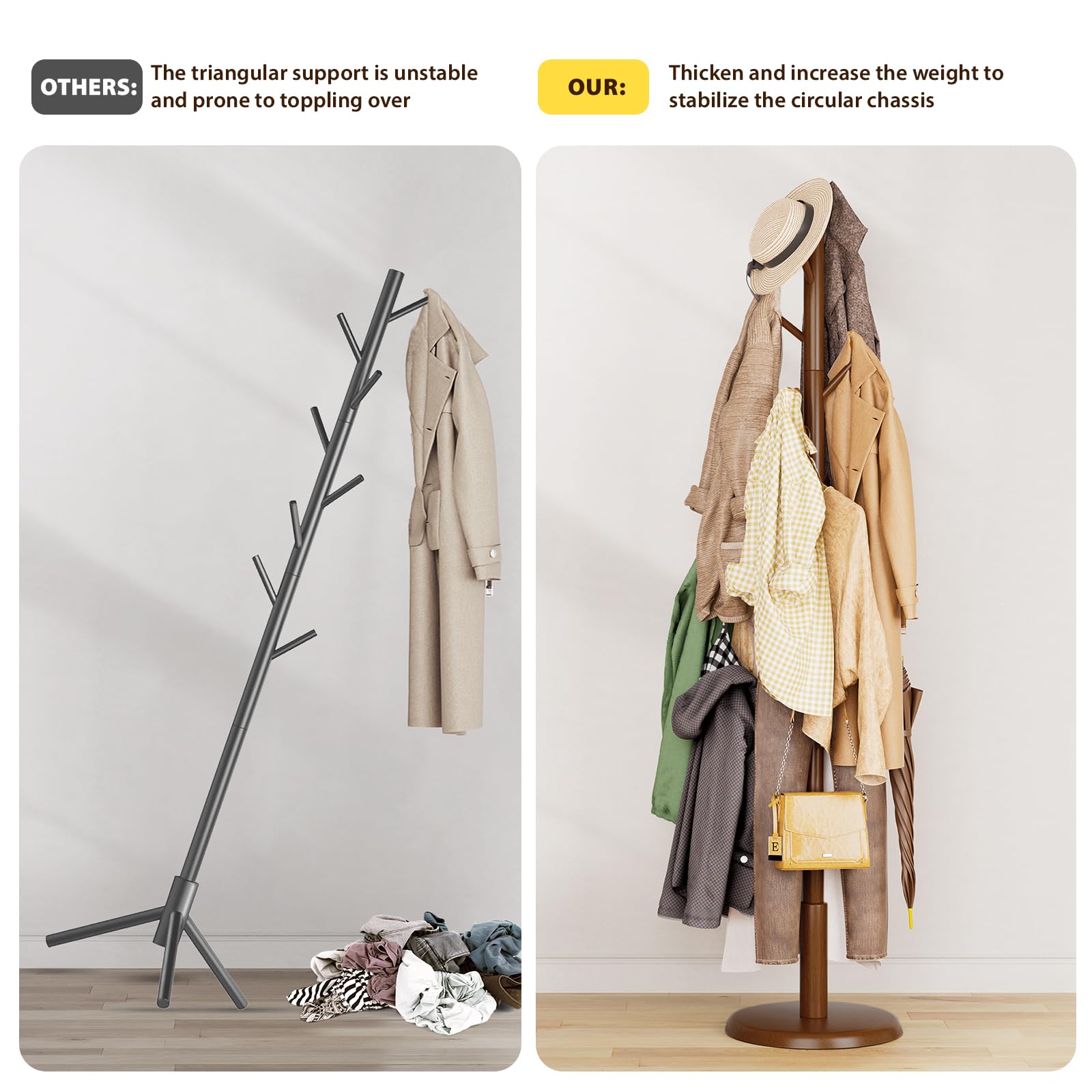 Freestanding Wood Coat Rack with 10 Hooks
