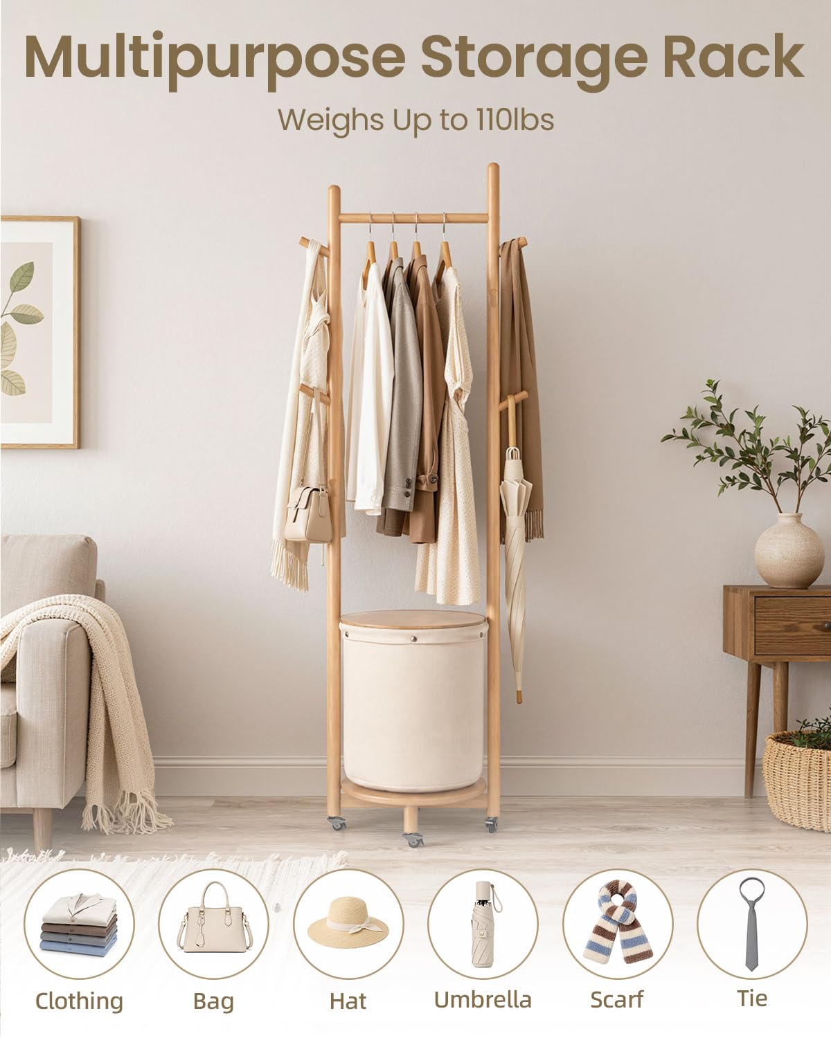 Rolling Wood Coat Rack with Basket