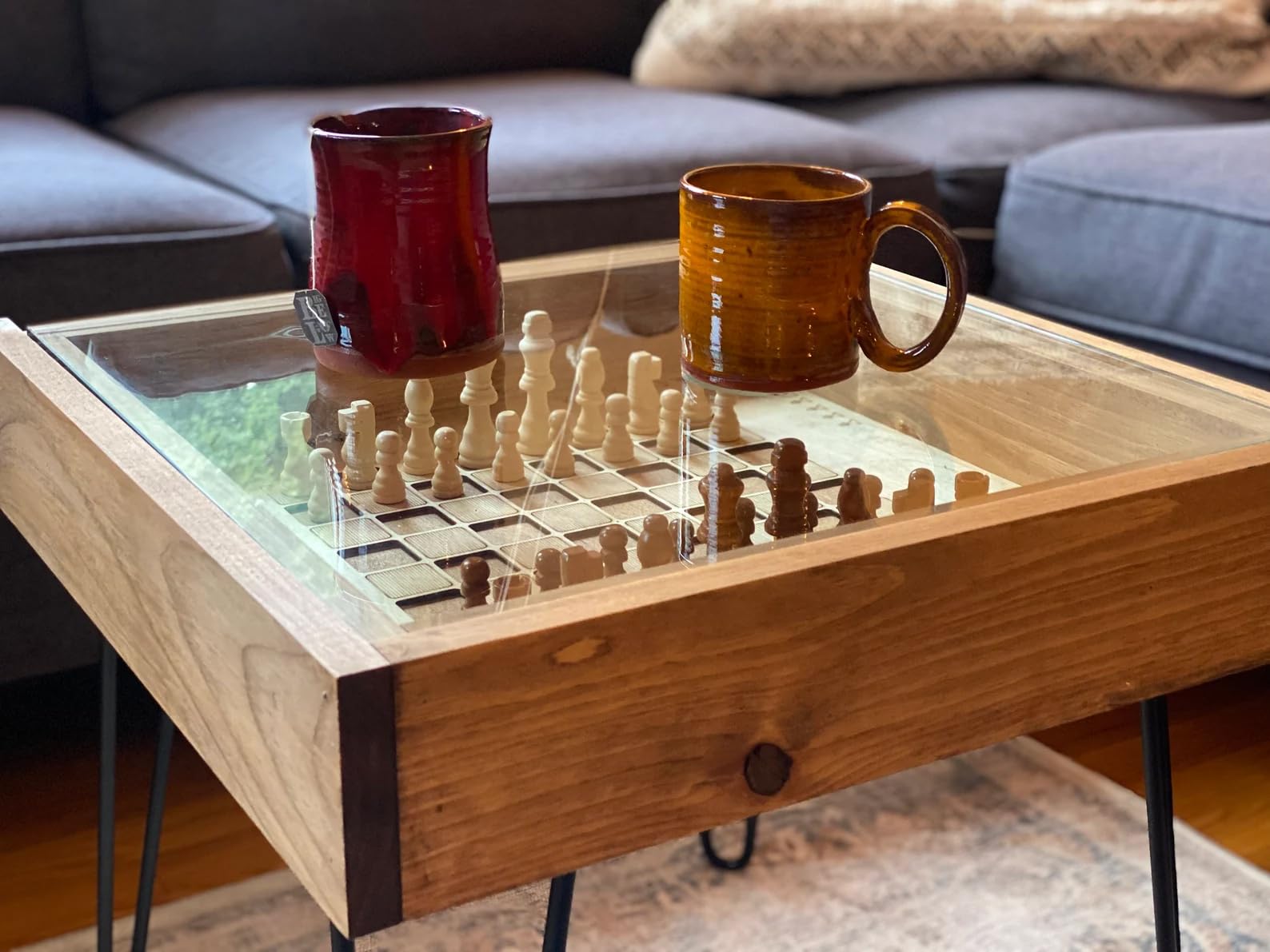 Rustic Chess & Checkers Coffee Table with Removable Glass Top