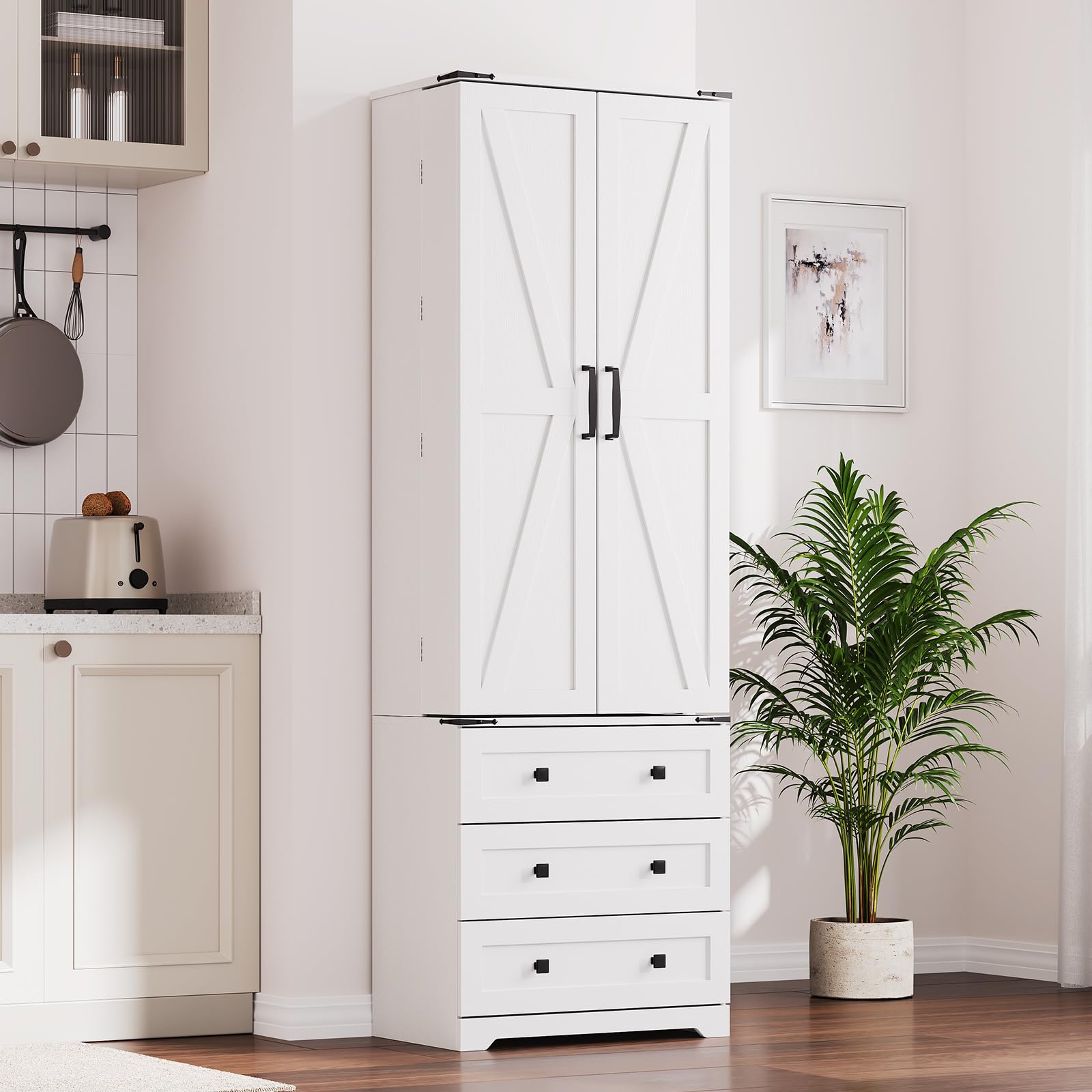 72'' Tall Kitchen Pantry Cabinet, Freestanding Tall Cupboard Storage Cabinet with 2 Barn Doors & 3 Drawers, Adjustable Shelves, Large Farmhouse Pantries for Living Room, Dining Room