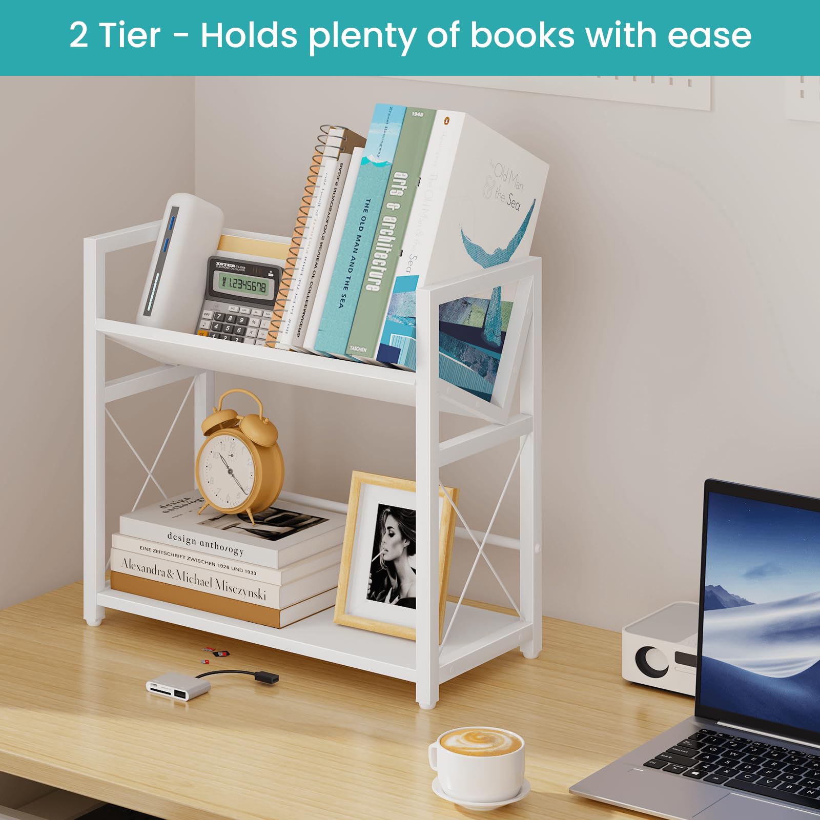 2-Tier Desktop Bookshelf Organizer with Steel X-Frame